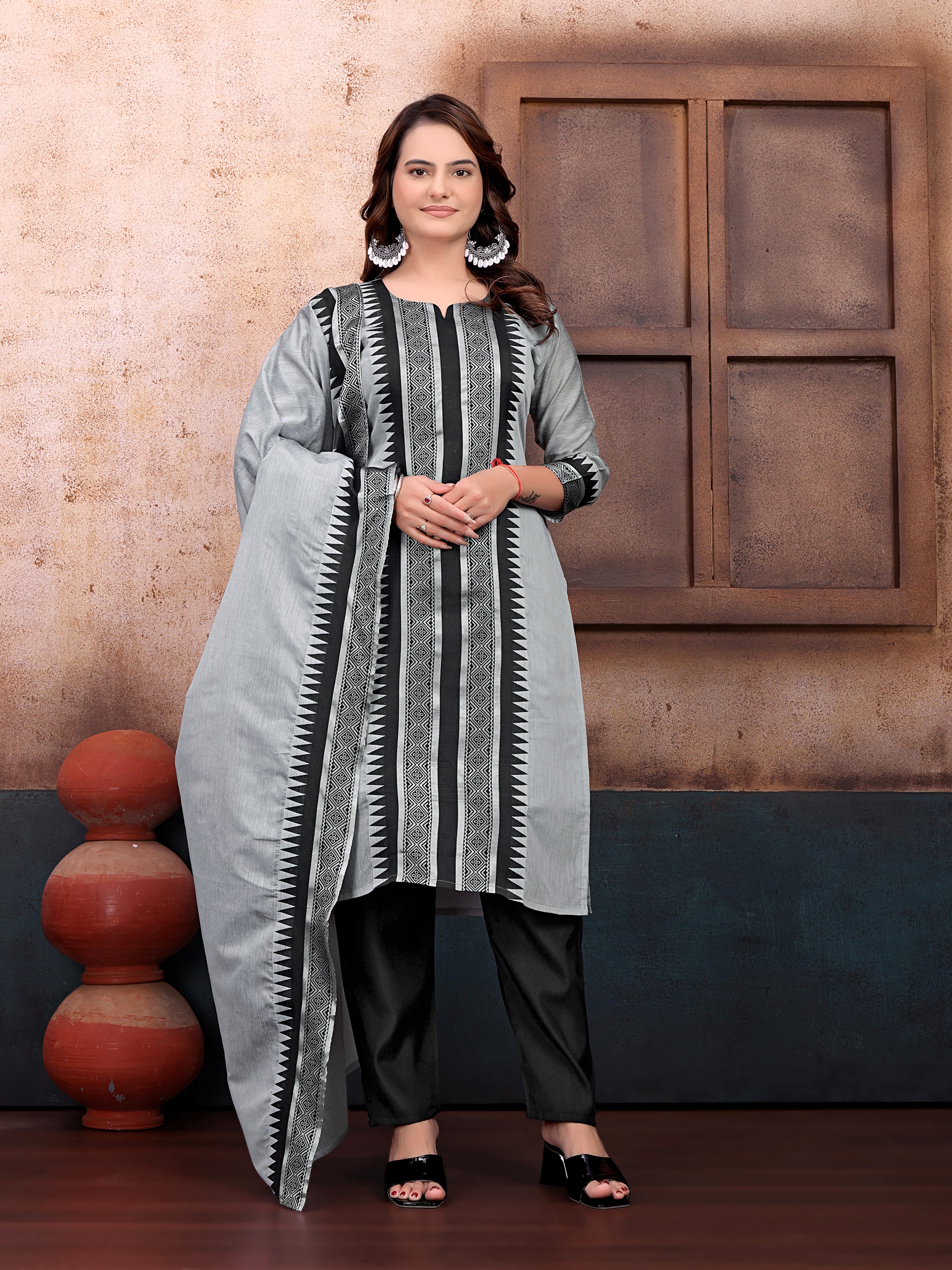 Elegant Grey & Black Printed Cotton Kurta Set with Dupatta