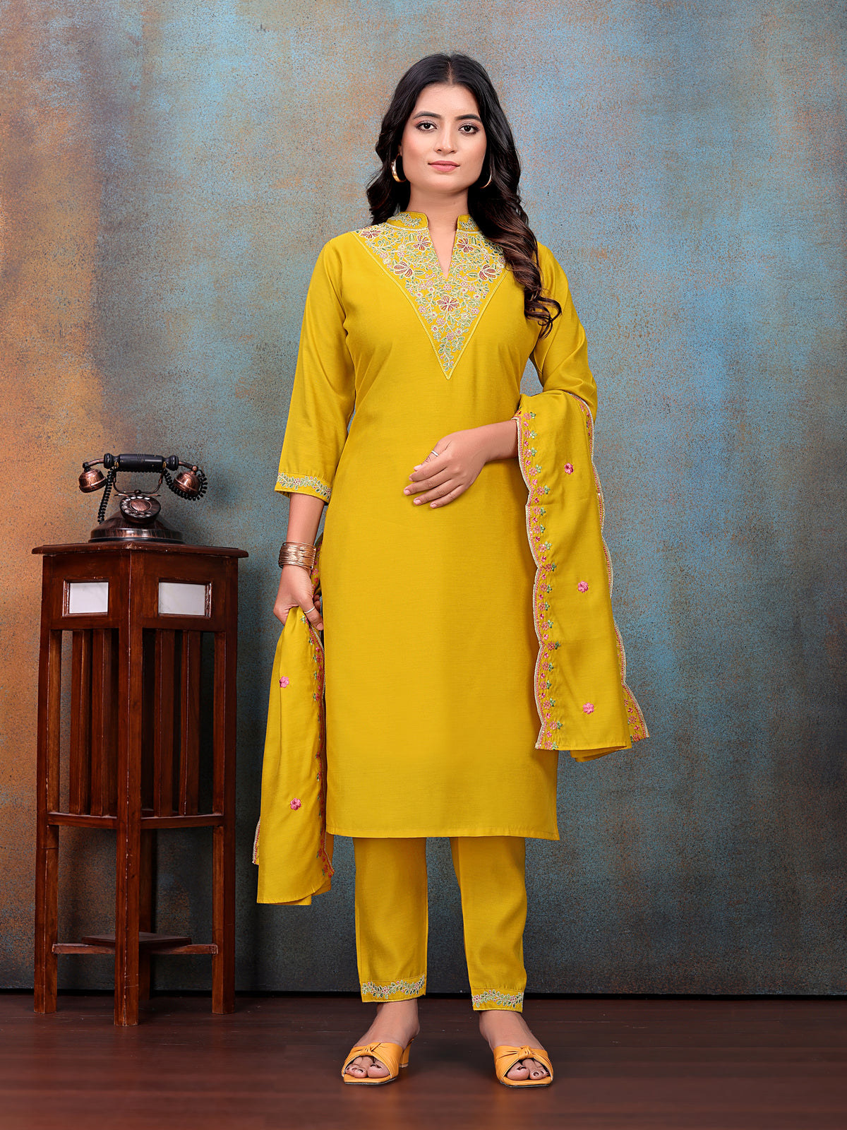 Jaipuri Cotton Light Wight Mustard Embroidered Kurti With Pant & Dupatta | For women