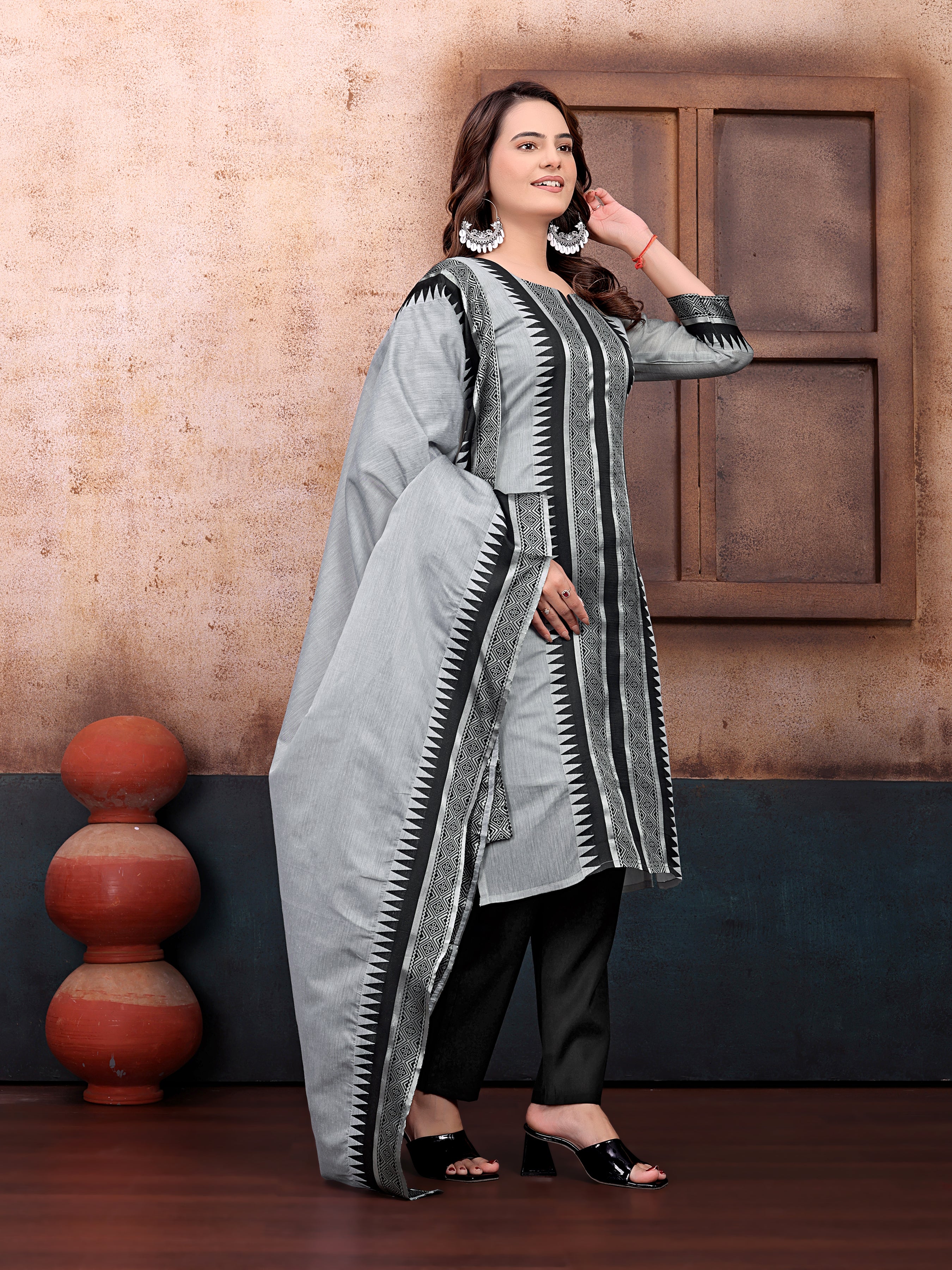 Elegant Grey & Black Printed Cotton Kurta Set with Dupatta