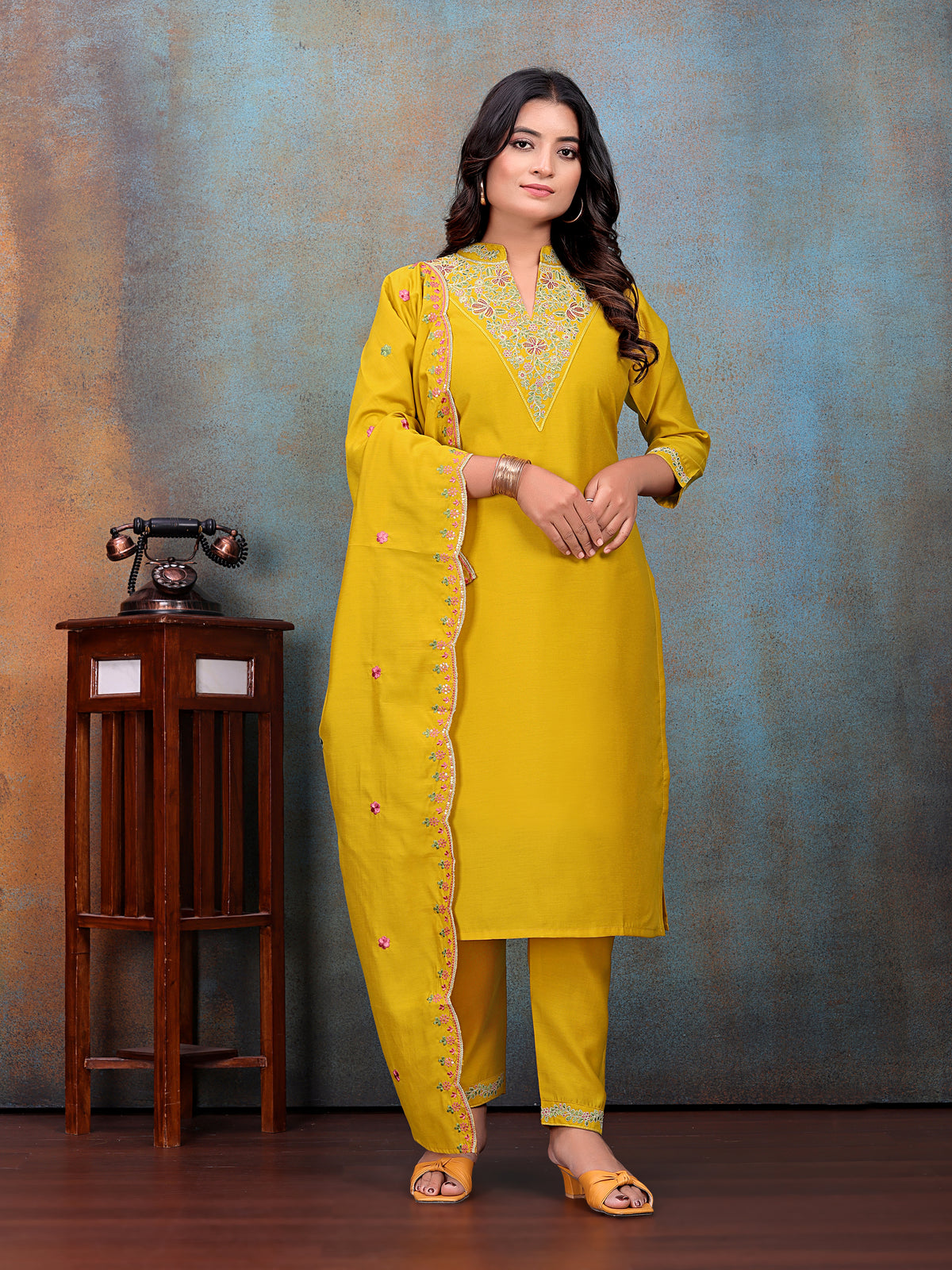 Jaipuri Cotton Light Wight Mustard Embroidered Kurti With Pant & Dupatta | For women