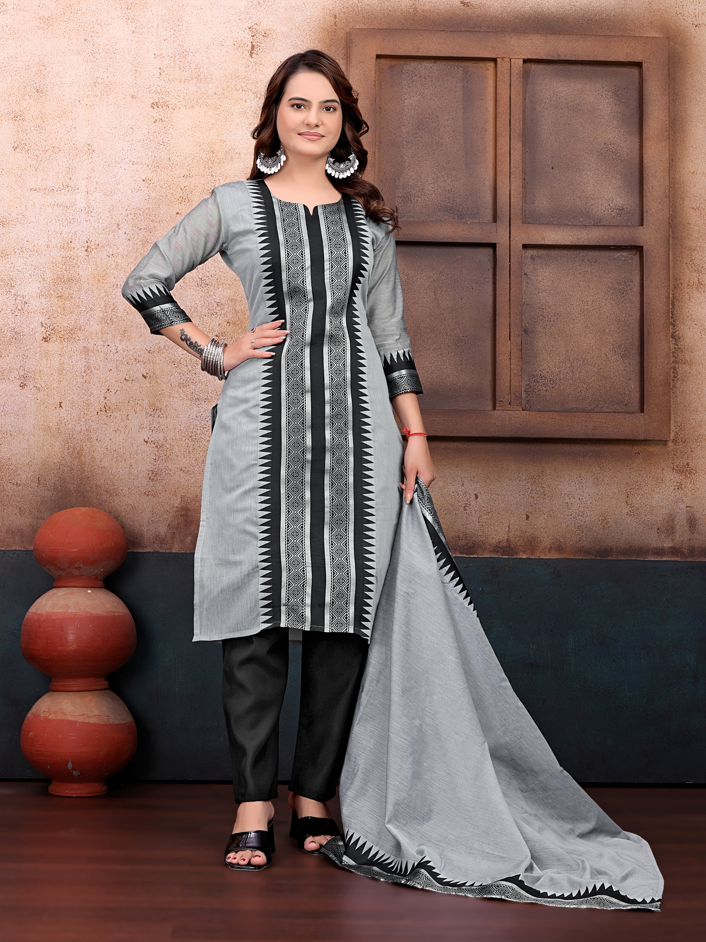 Elegant Grey & Black Printed Cotton Kurta Set with Dupatta