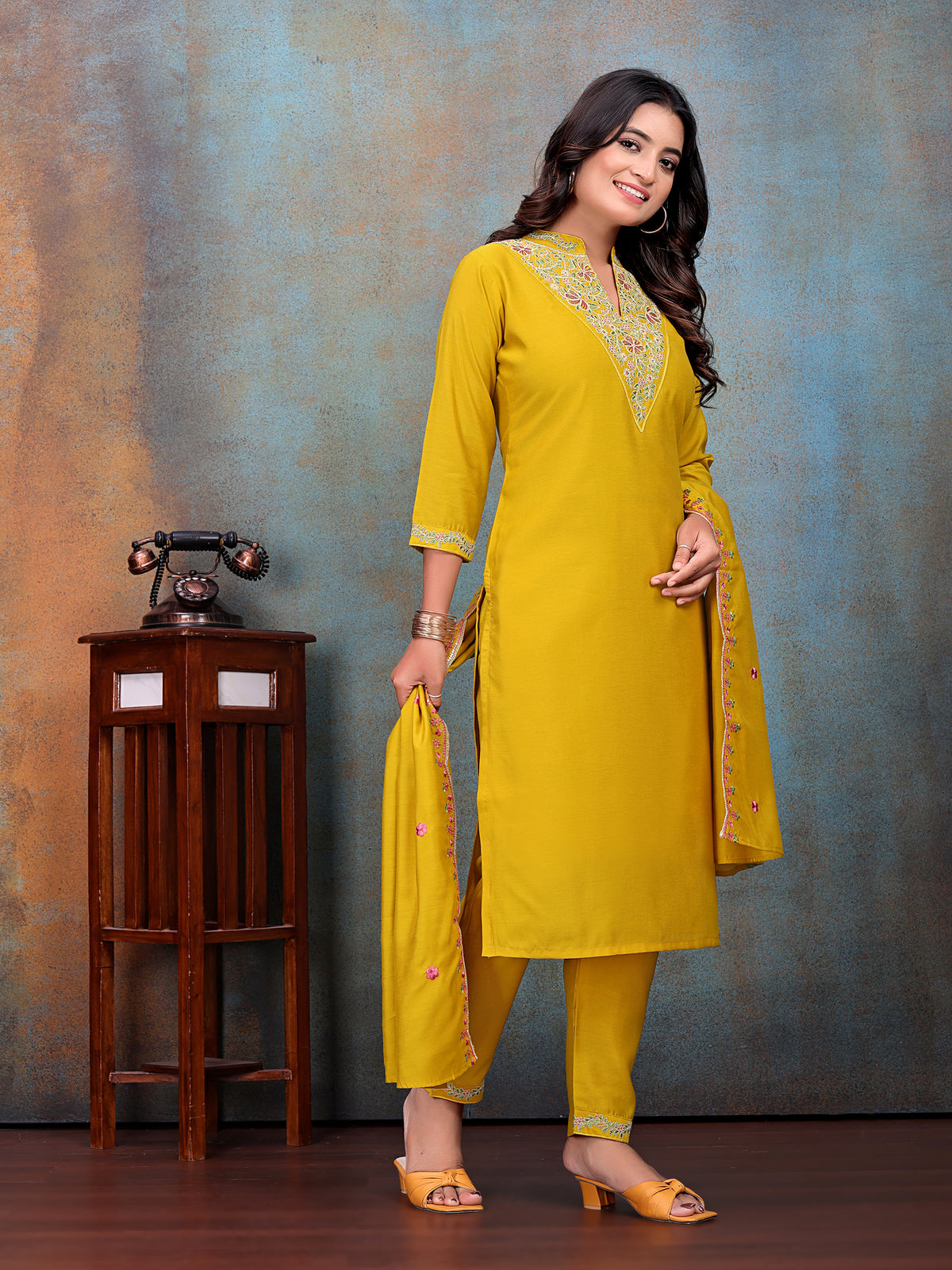 Jaipuri Cotton Light Wight Mustard Embroidered Kurti With Pant & Dupatta | For women