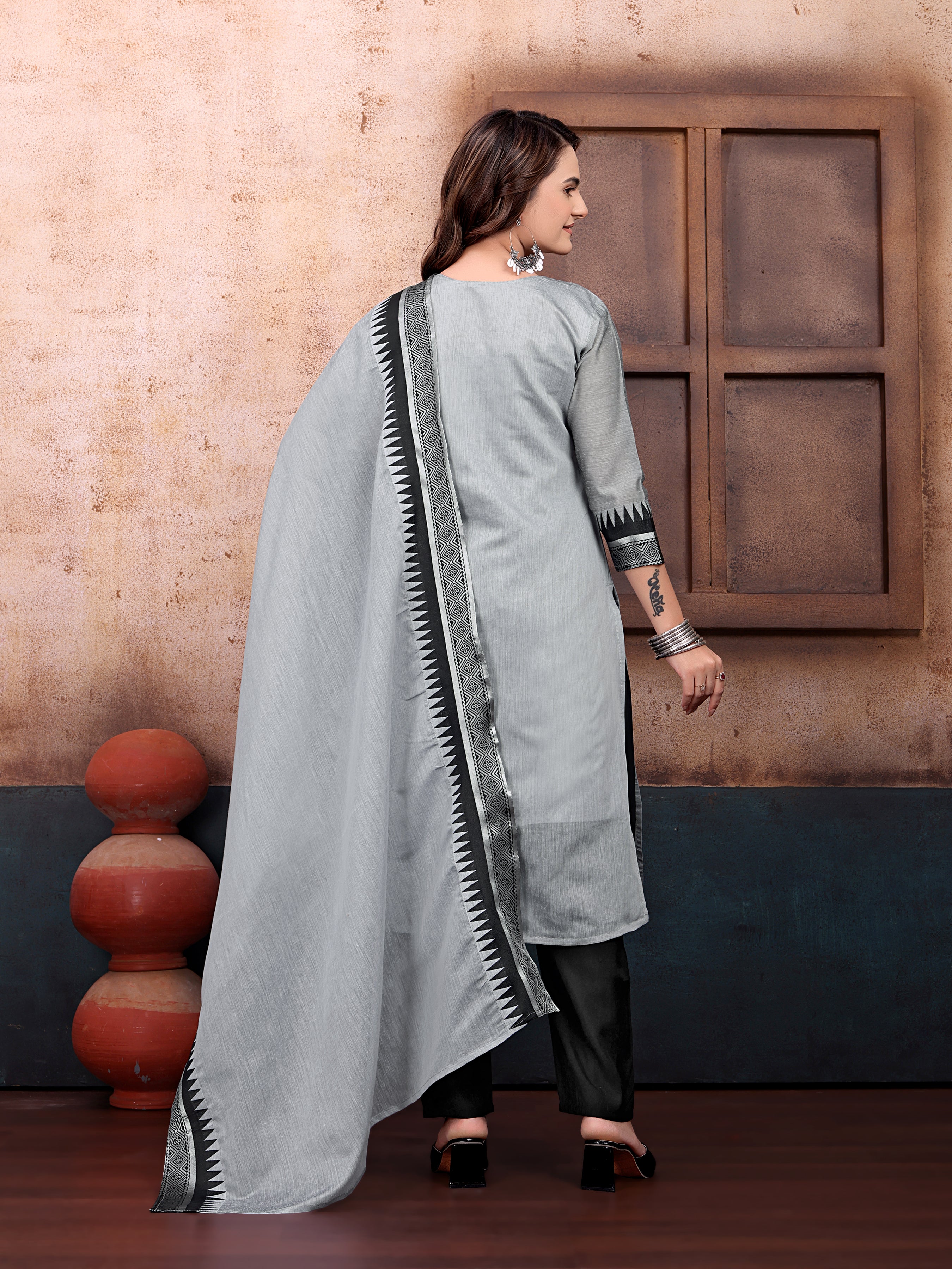 Elegant Grey & Black Printed Cotton Kurta Set with Dupatta
