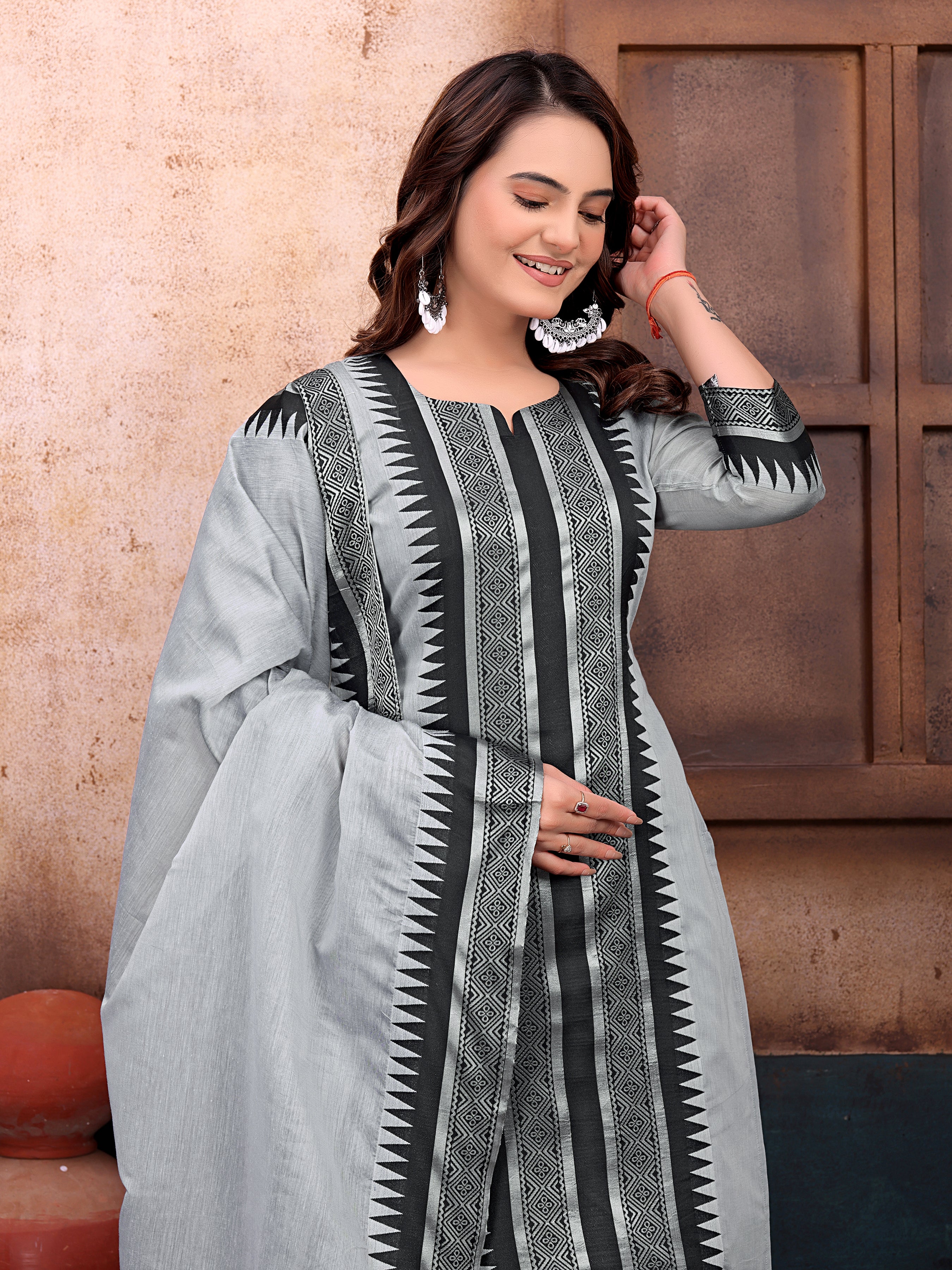 Elegant Grey & Black Printed Cotton Kurta Set with Dupatta
