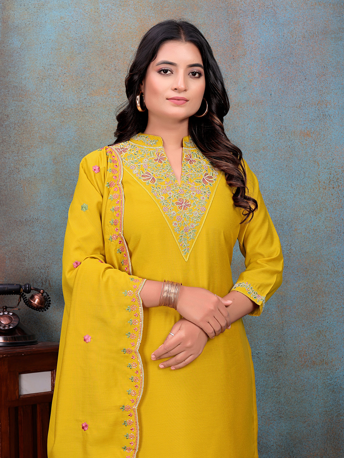 Jaipuri Cotton Light Wight Mustard Embroidered Kurti With Pant & Dupatta | For women