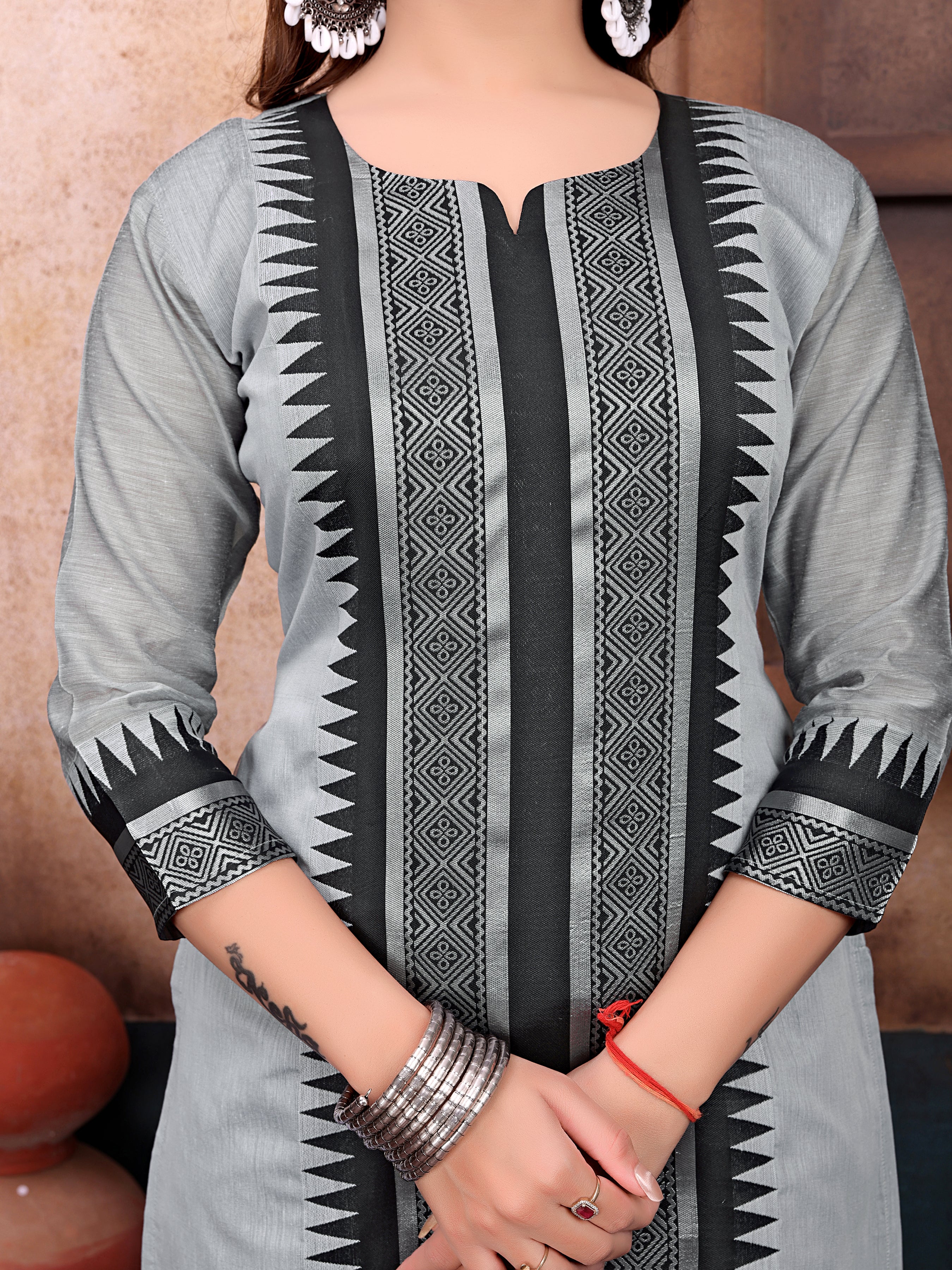 Elegant Grey & Black Printed Cotton Kurta Set with Dupatta
