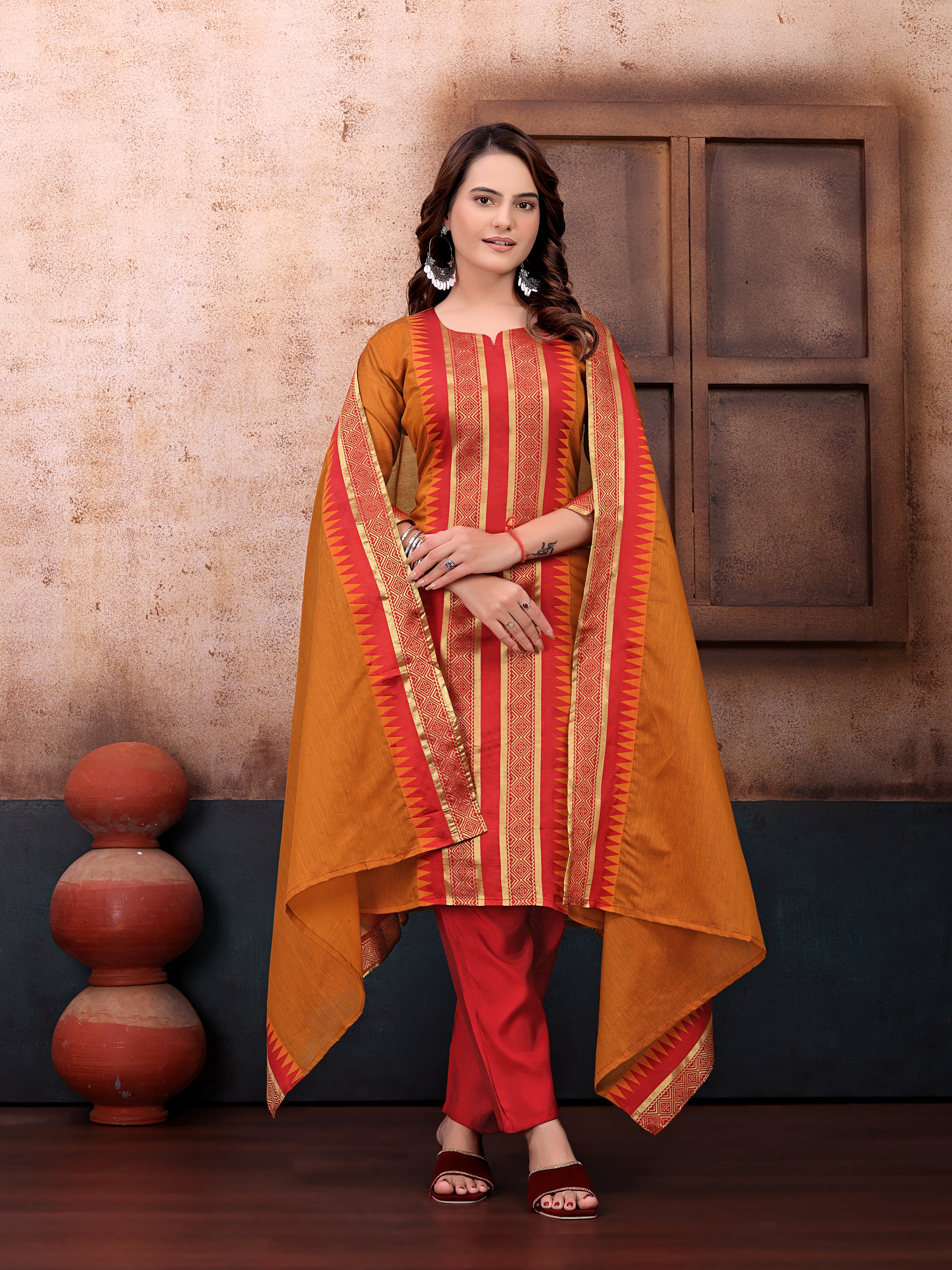 Elegant Mustard & Red Printed Kurta Set with Flared Dupatta