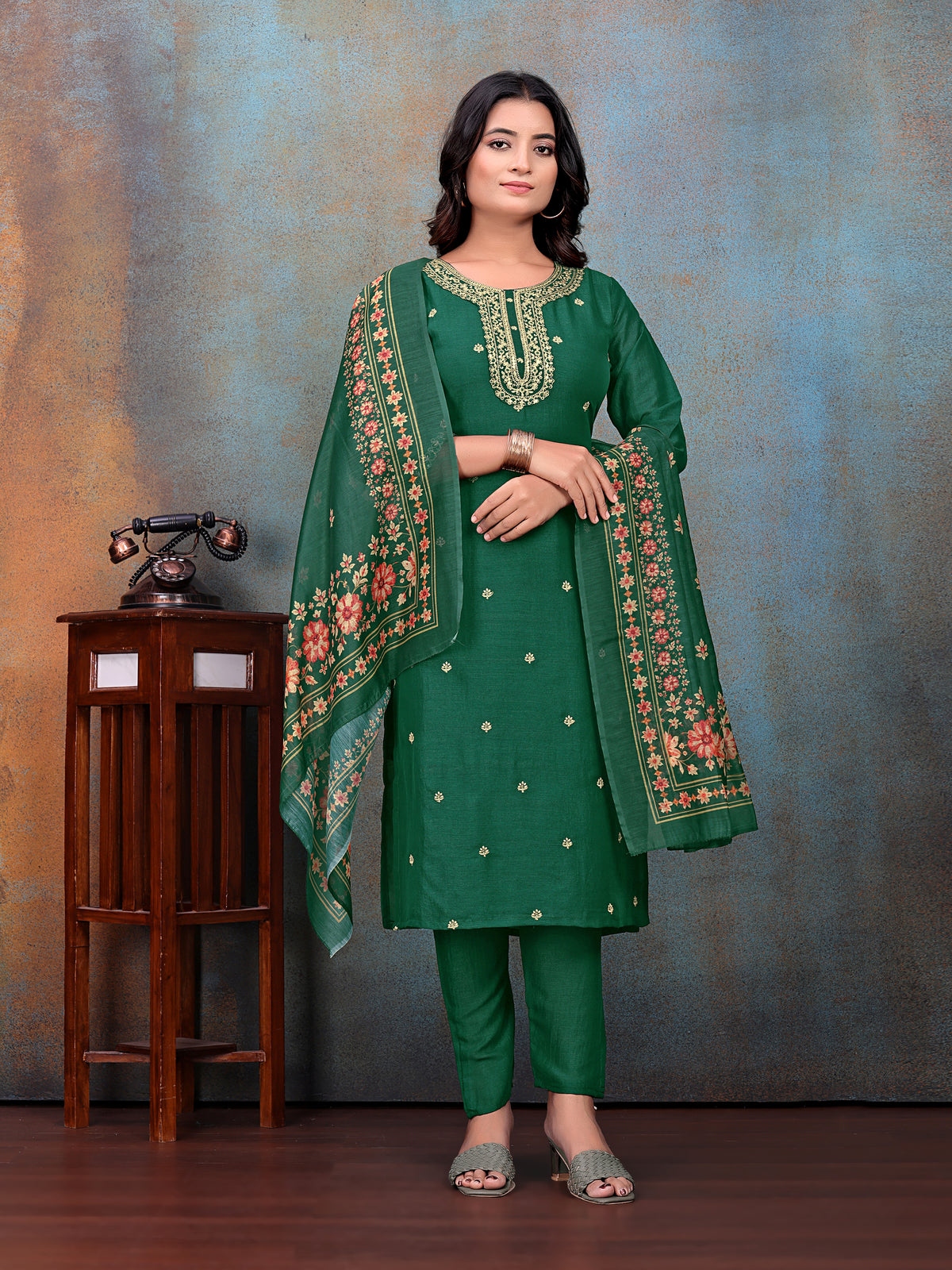 Green Embroidered Kurti & Pant with Floral Printed Dupatta | For women