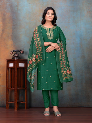 Green Embroidered Kurti & Pant with Floral Printed Dupatta | For women