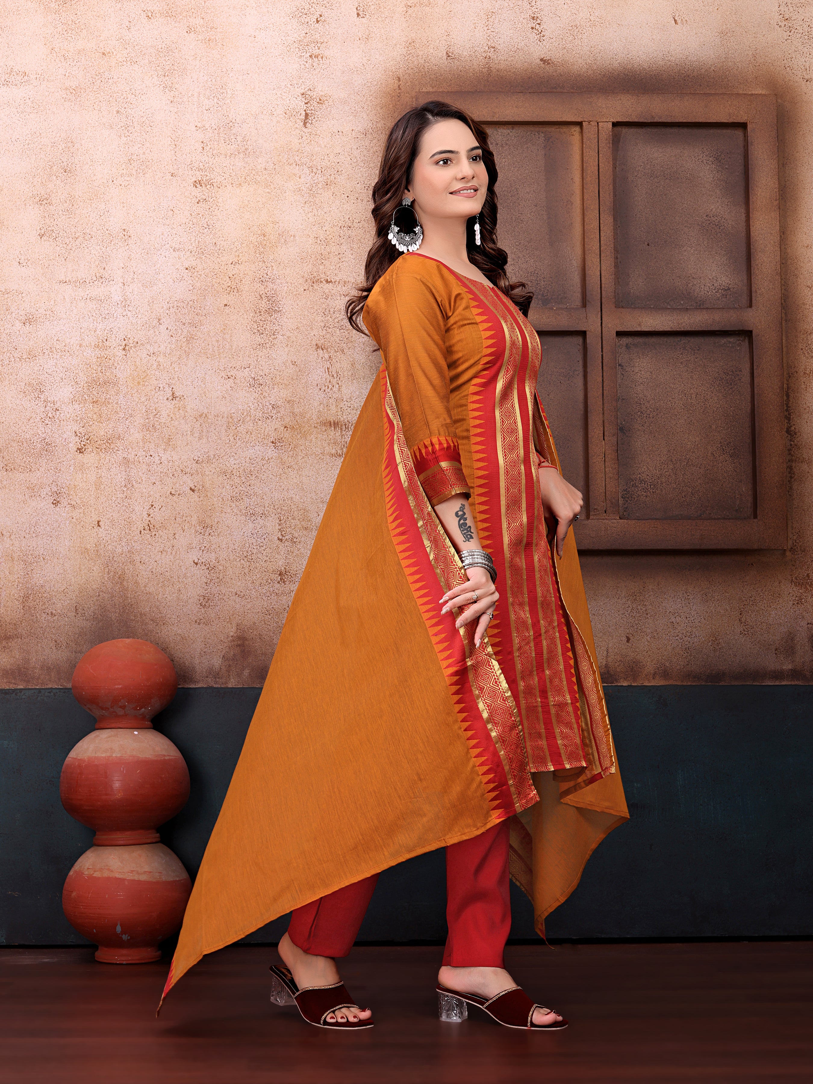 Elegant Mustard & Red Printed Kurta Set with Flared Dupatta