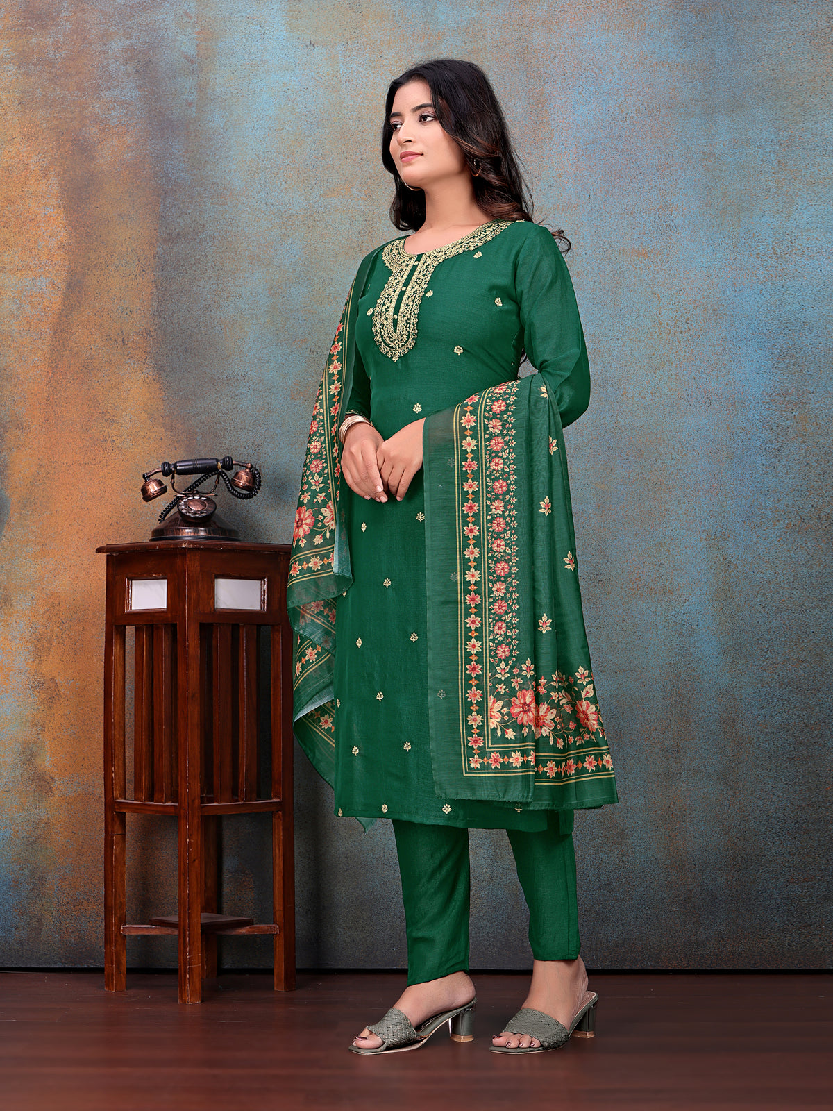 Green Embroidered Kurti & Pant with Floral Printed Dupatta | For women