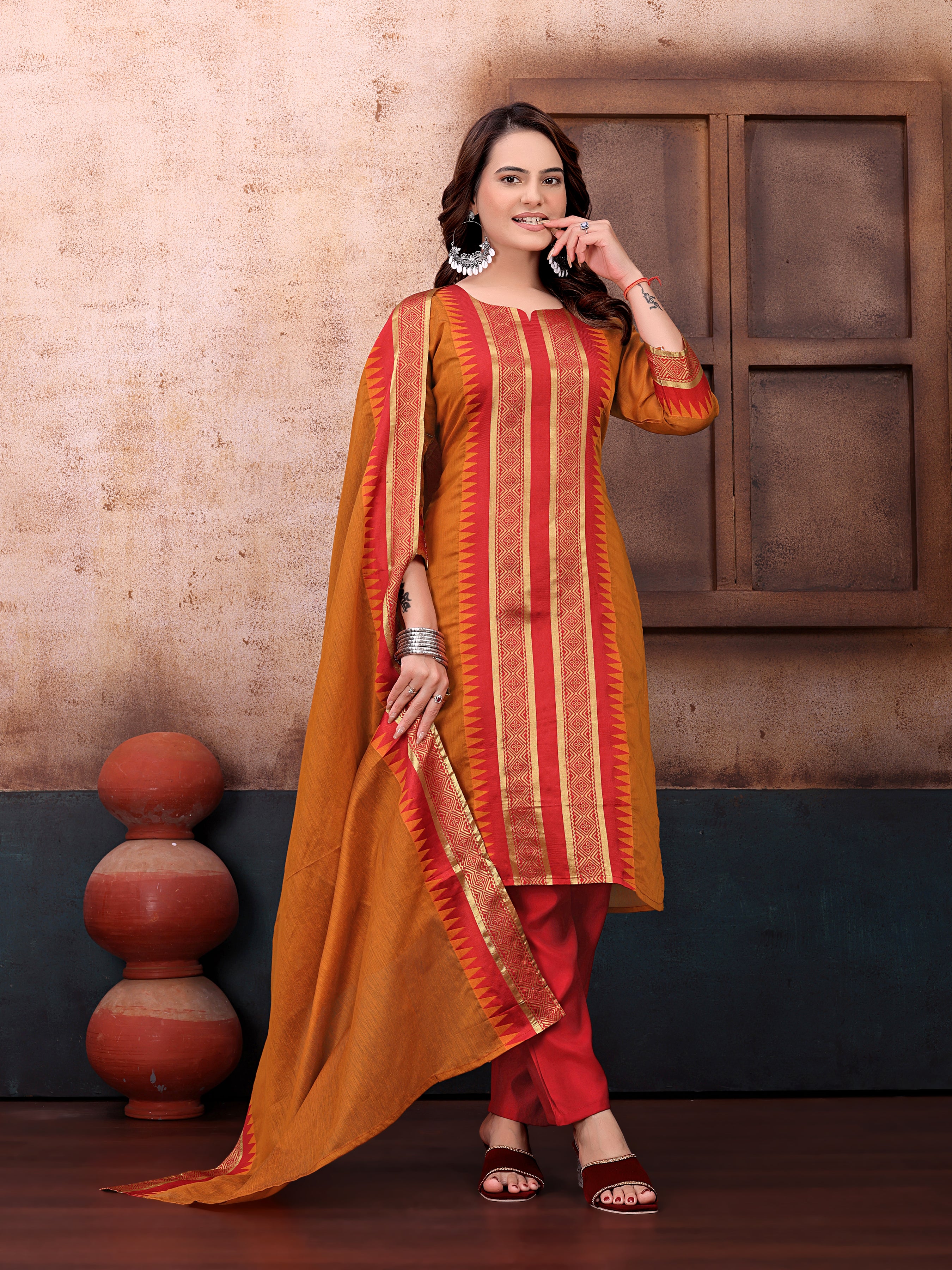 Elegant Mustard & Red Printed Kurta Set with Flared Dupatta