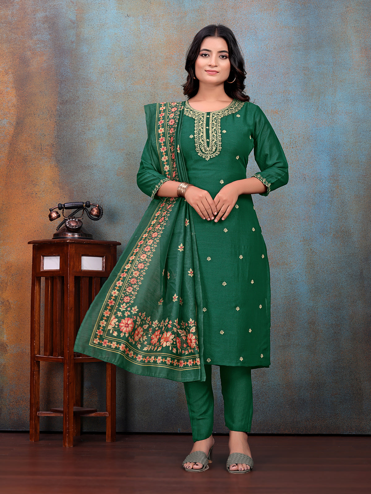 Green Embroidered Kurti & Pant with Floral Printed Dupatta | For women