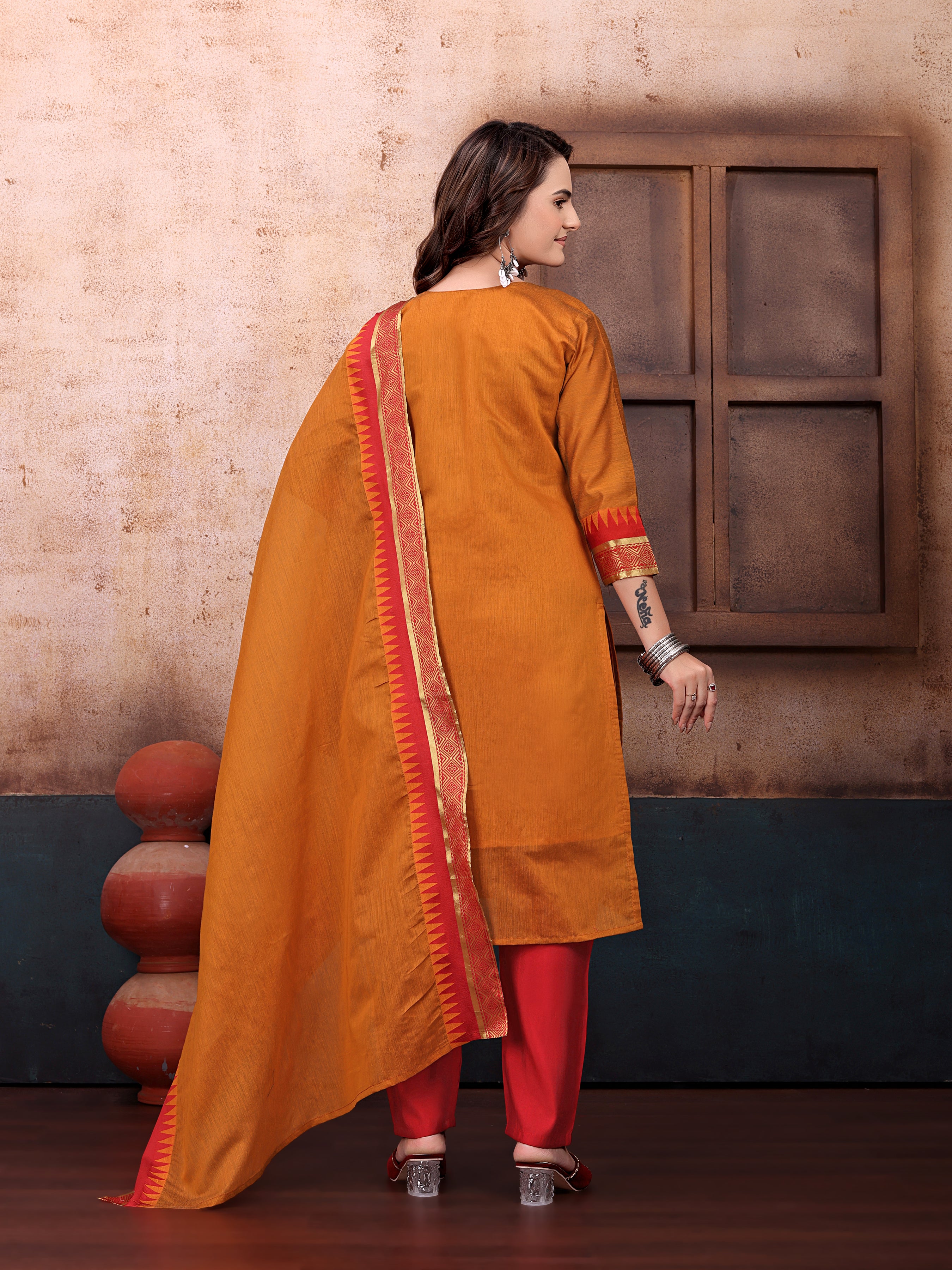 Elegant Mustard & Red Printed Kurta Set with Flared Dupatta