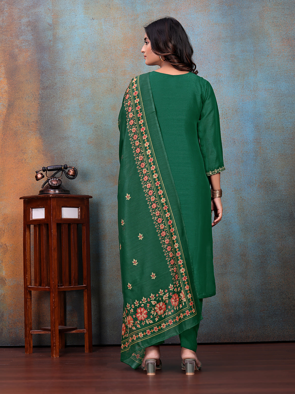 Green Embroidered Kurti & Pant with Floral Printed Dupatta | For women