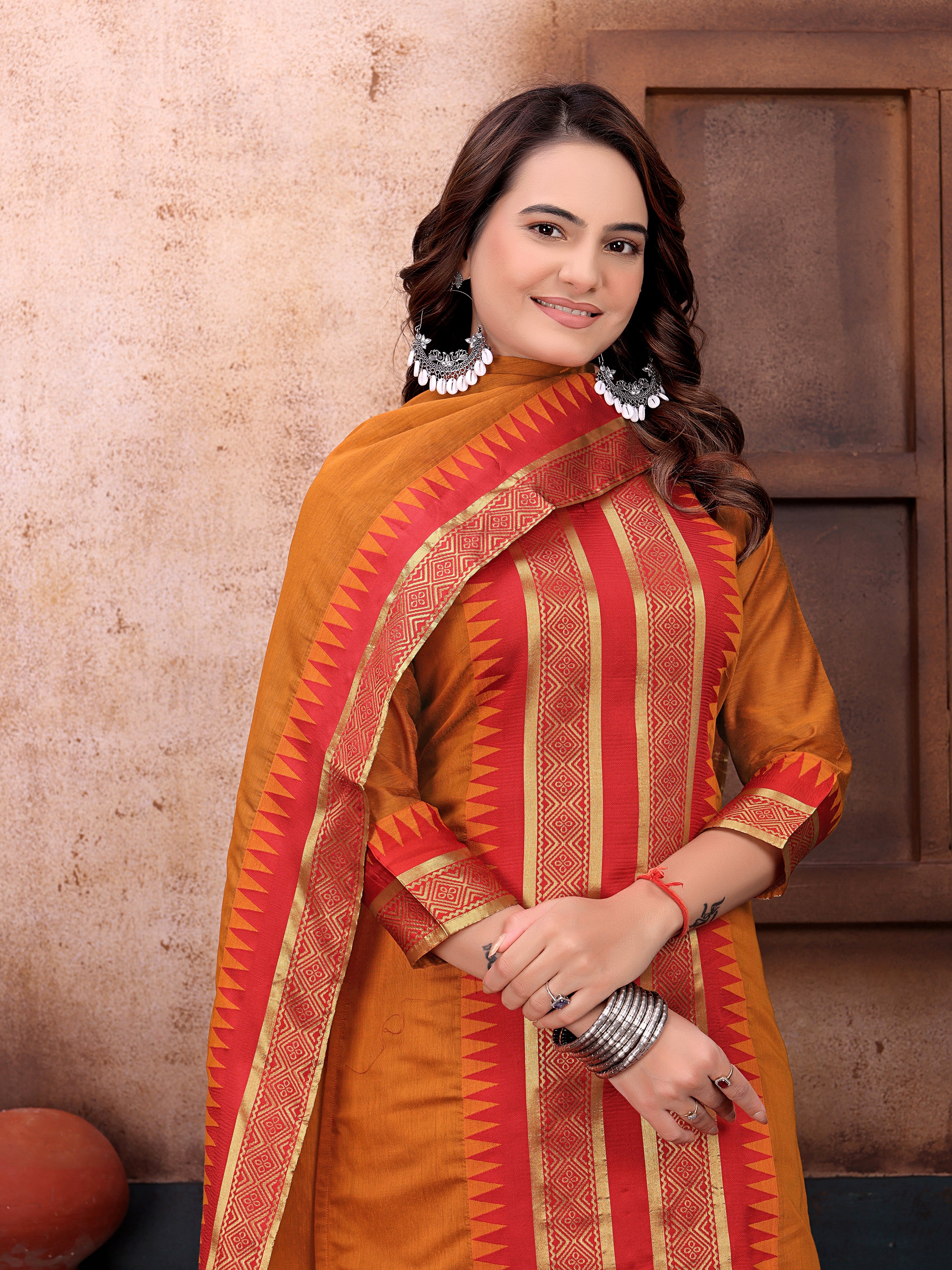 Elegant Mustard & Red Printed Kurta Set with Flared Dupatta