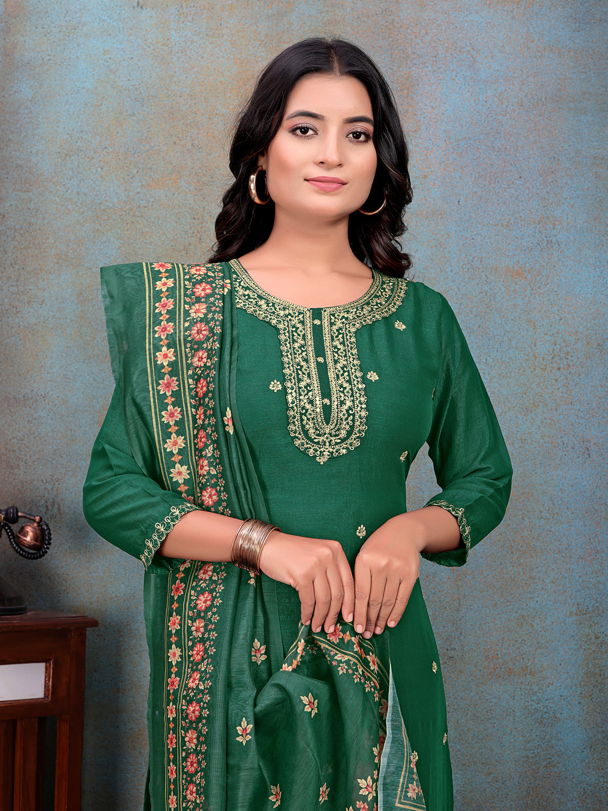 Green Embroidered Kurti & Pant with Floral Printed Dupatta | For women