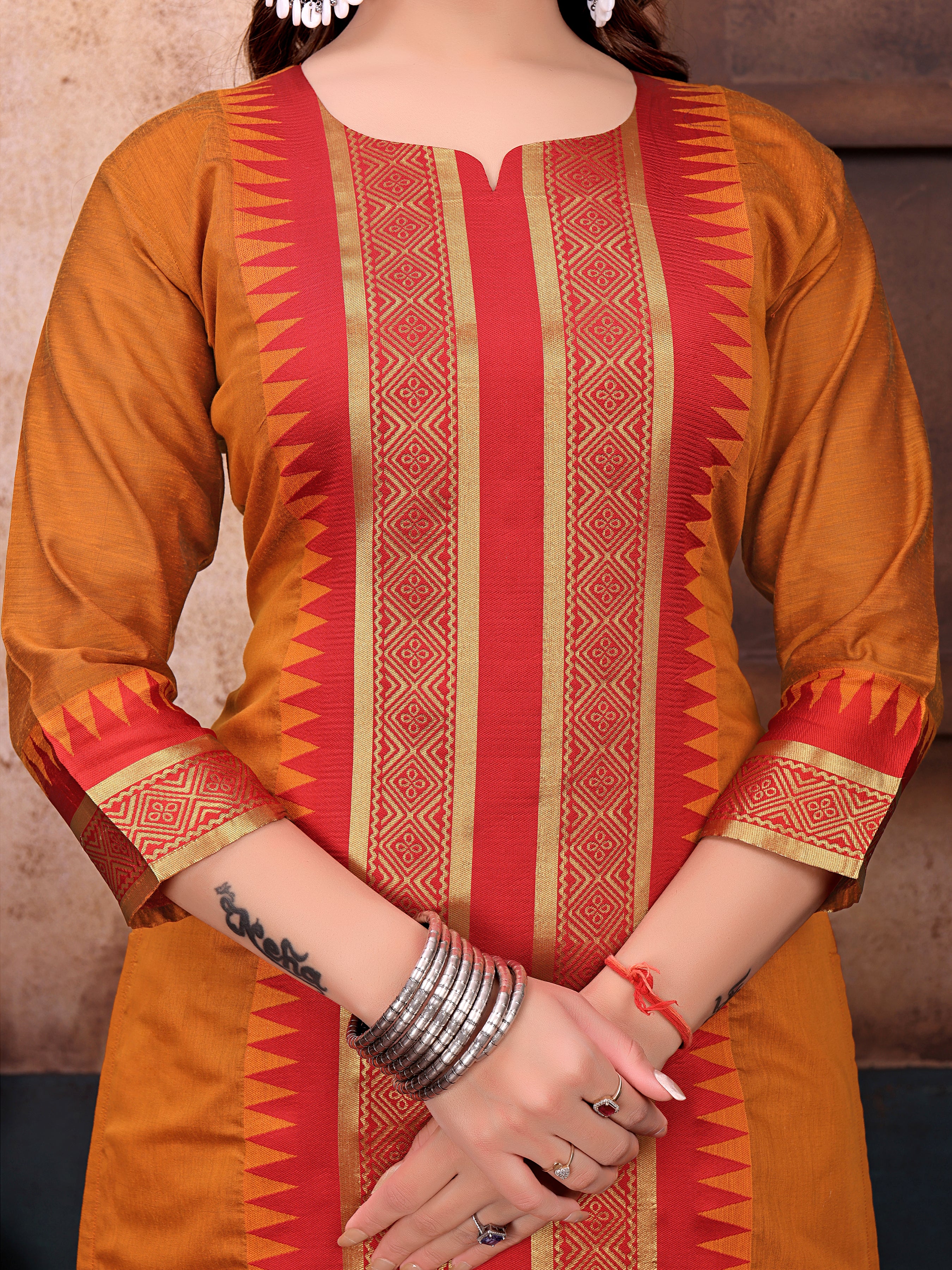 Elegant Mustard & Red Printed Kurta Set with Flared Dupatta