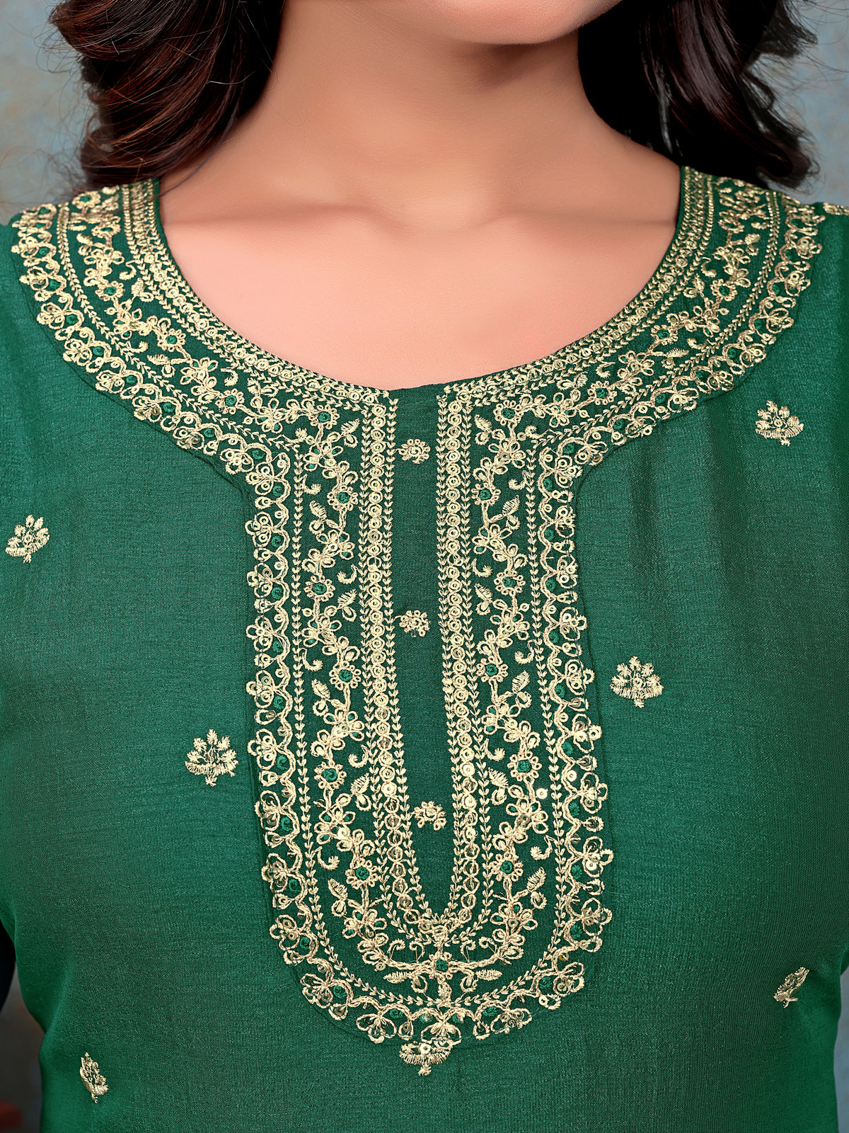 Green Embroidered Kurti & Pant with Floral Printed Dupatta | For women