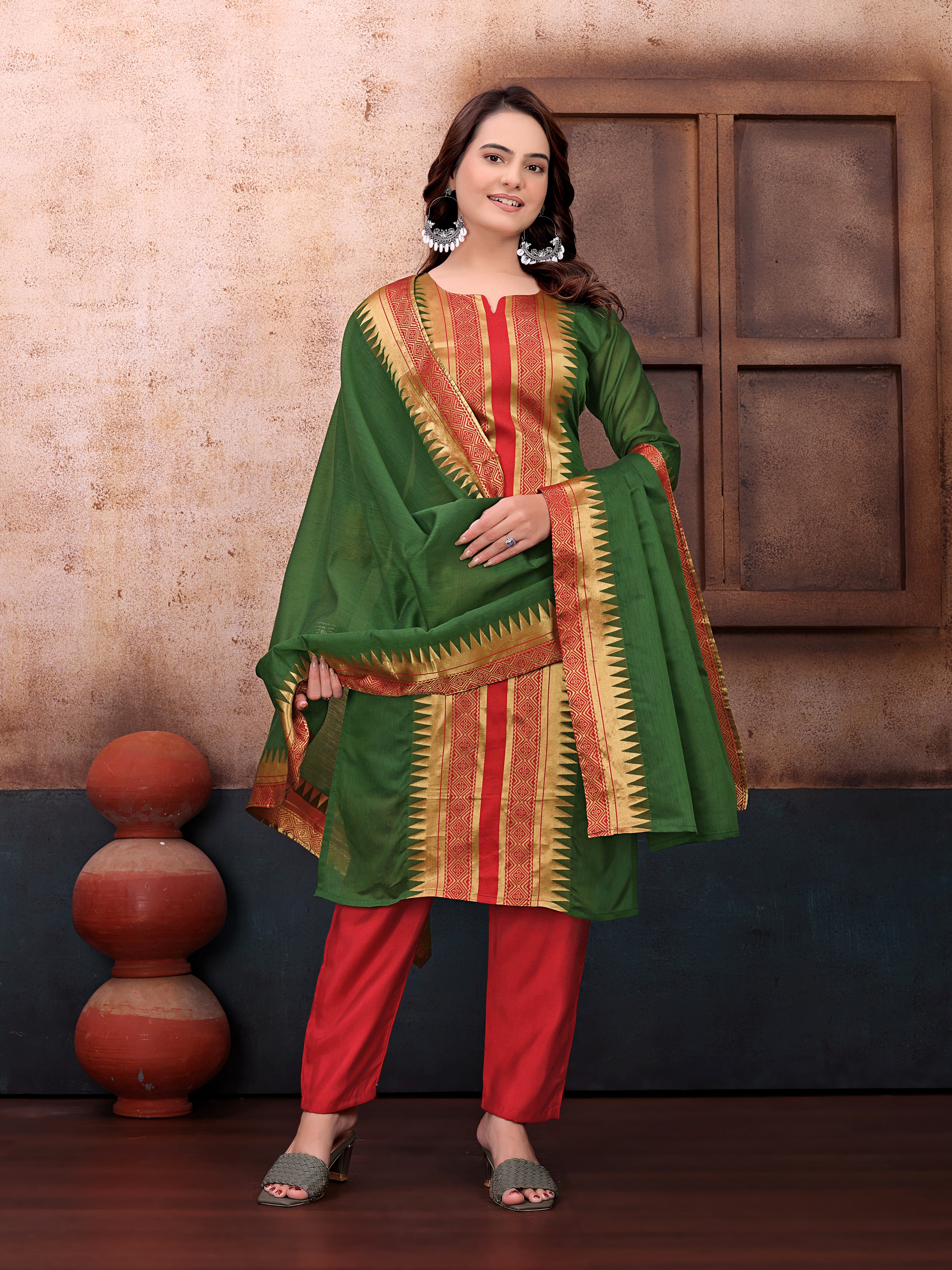 Elegant Green & Red Printed Kurta Set with Designer Dupatta