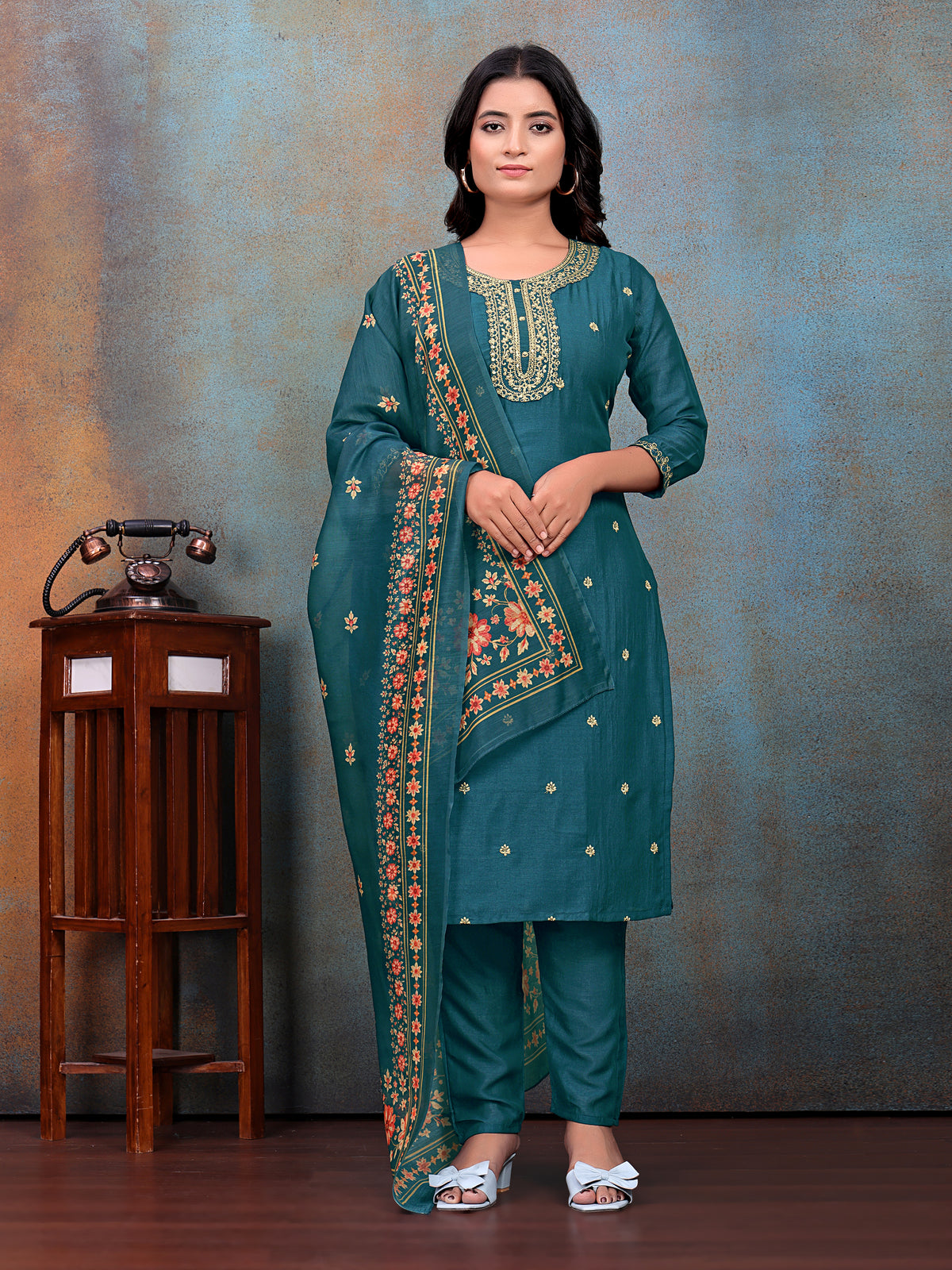 Tea-Blue Embroidered Kurti & Pant with Floral Printed Dupatta | For women
