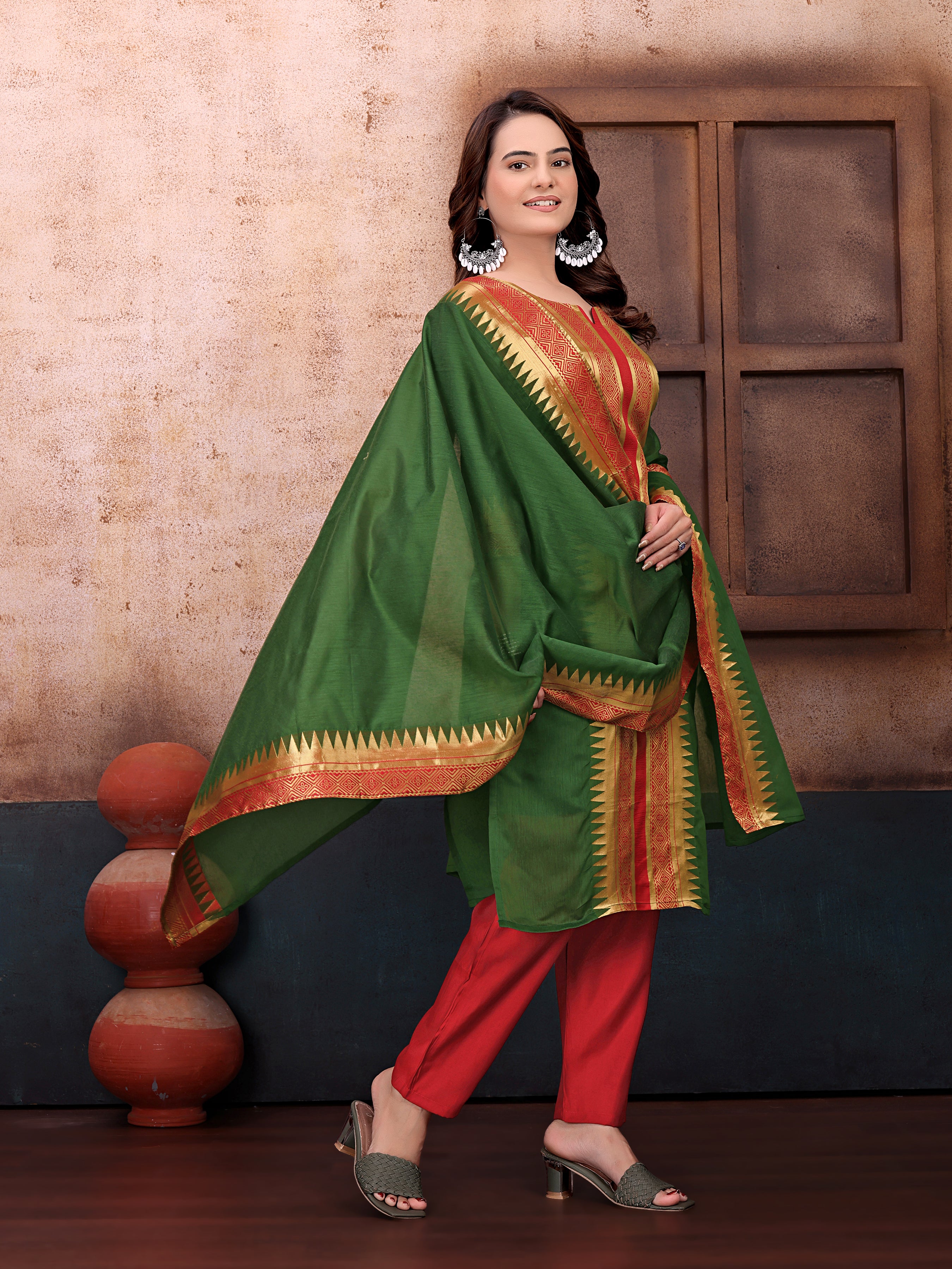 Elegant Green & Red Printed Kurta Set with Designer Dupatta