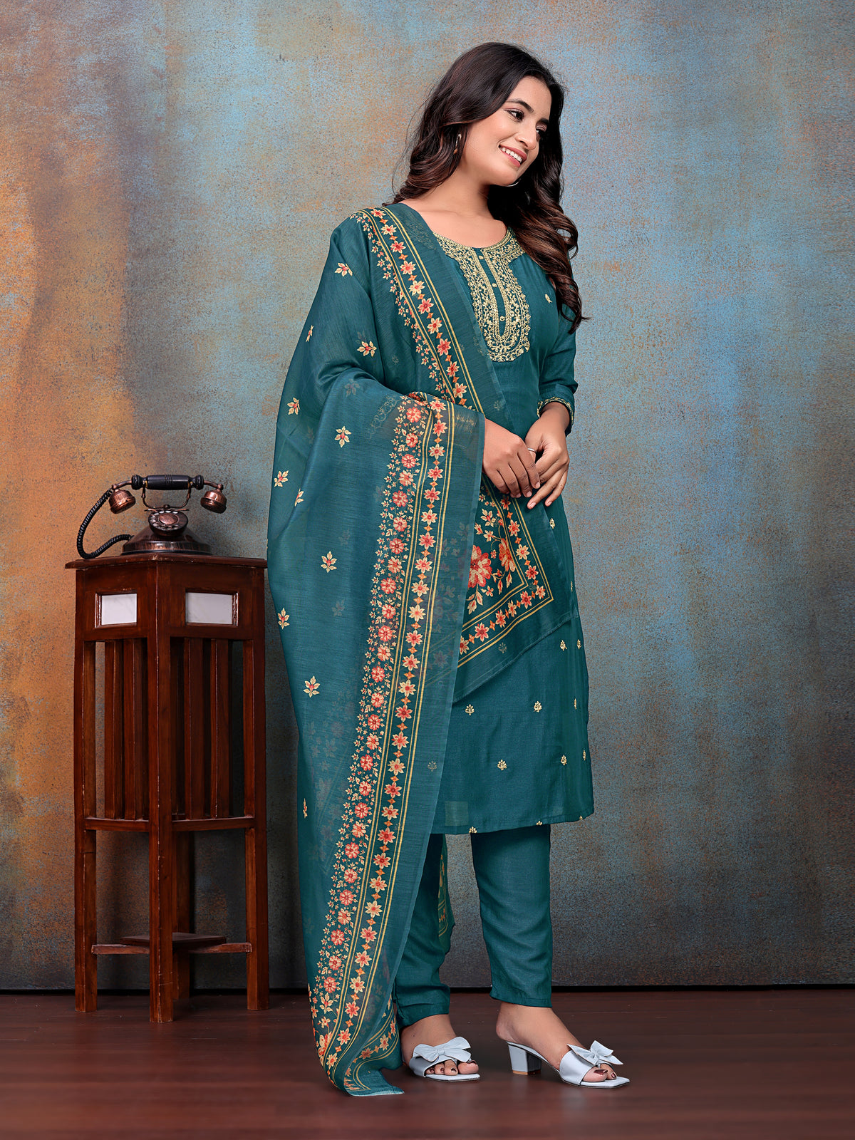 Tea-Blue Embroidered Kurti & Pant with Floral Printed Dupatta | For women