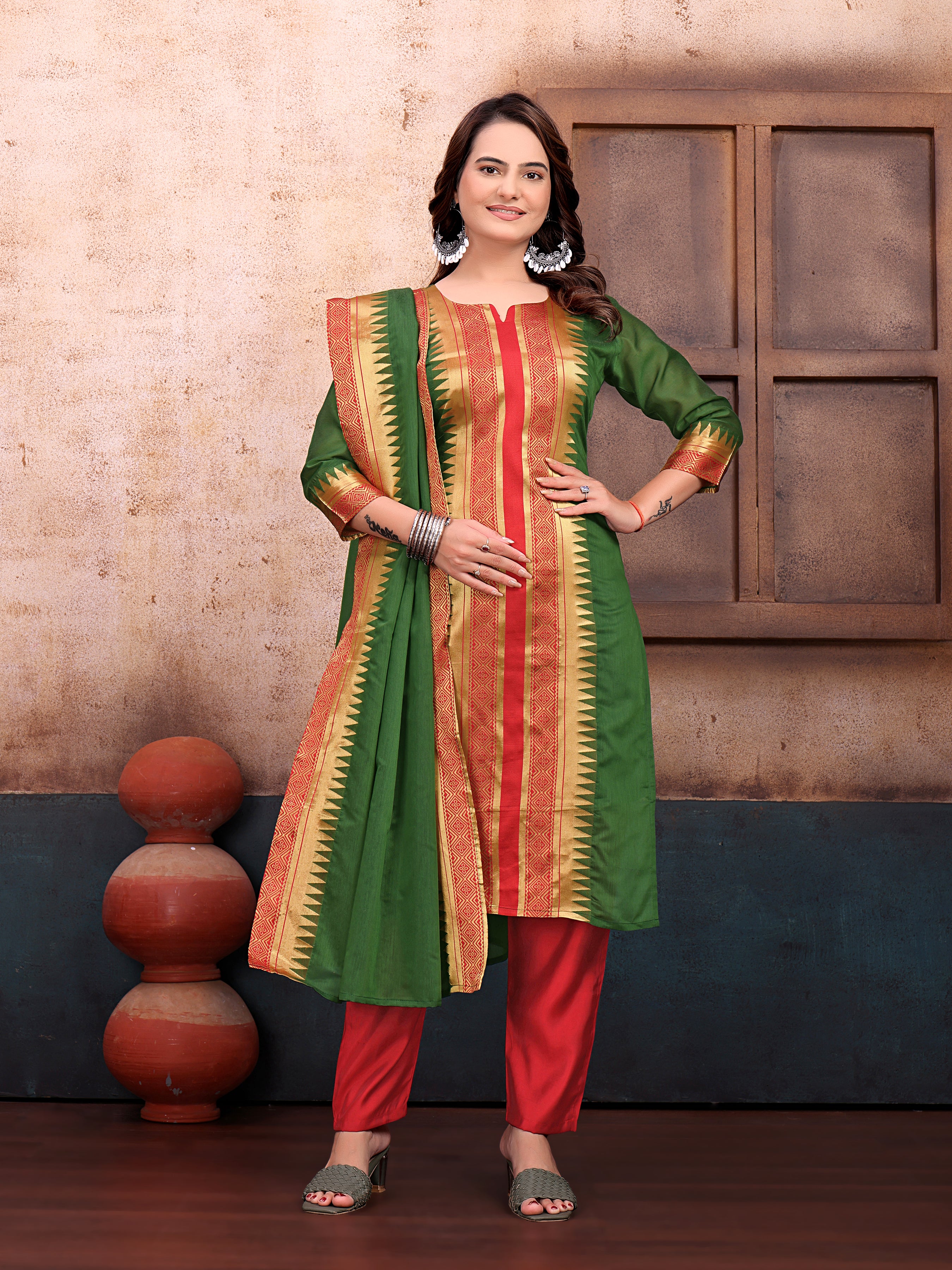 Elegant Green & Red Printed Kurta Set with Designer Dupatta