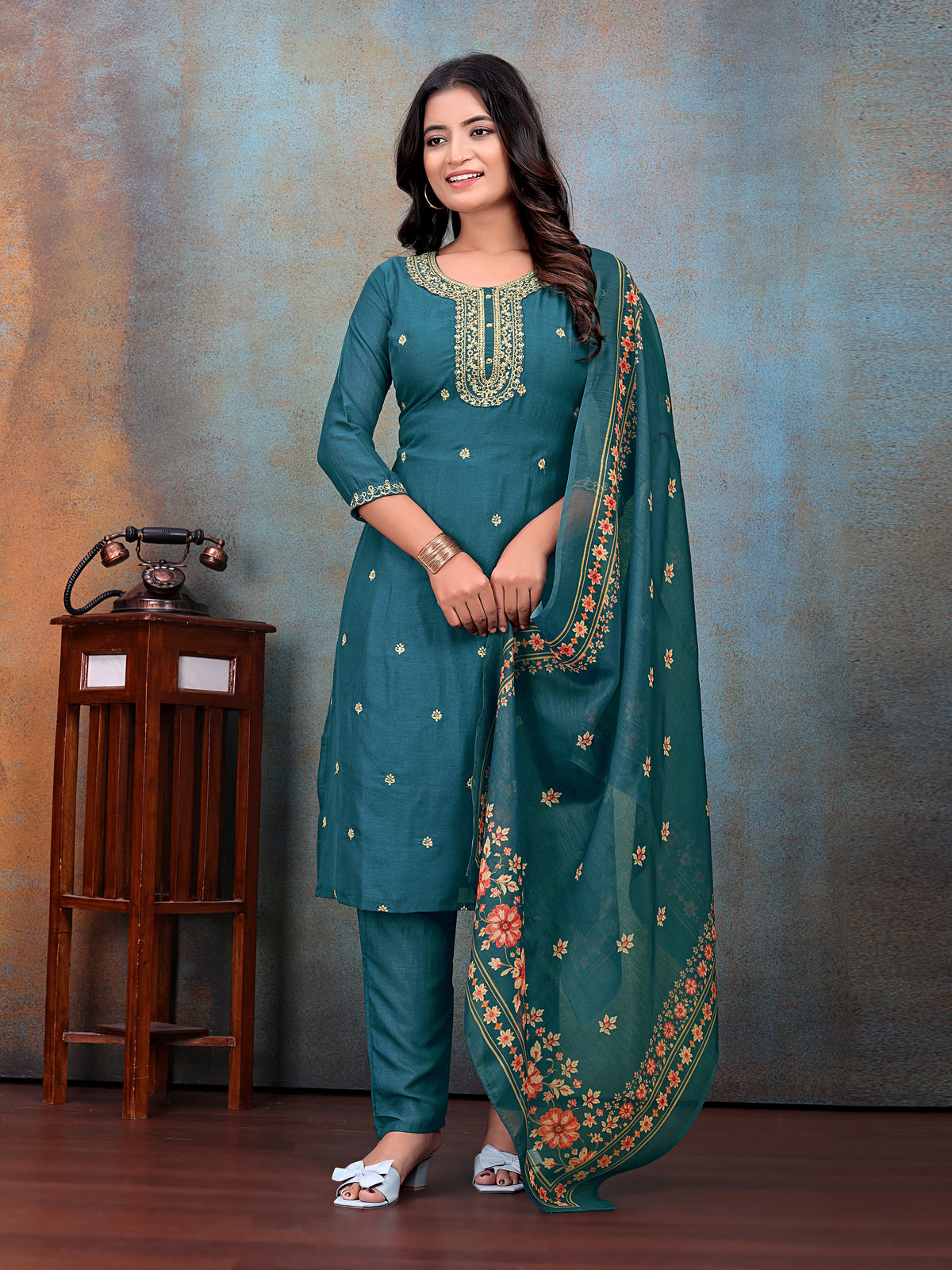 Tea-Blue Embroidered Kurti & Pant with Floral Printed Dupatta | For women