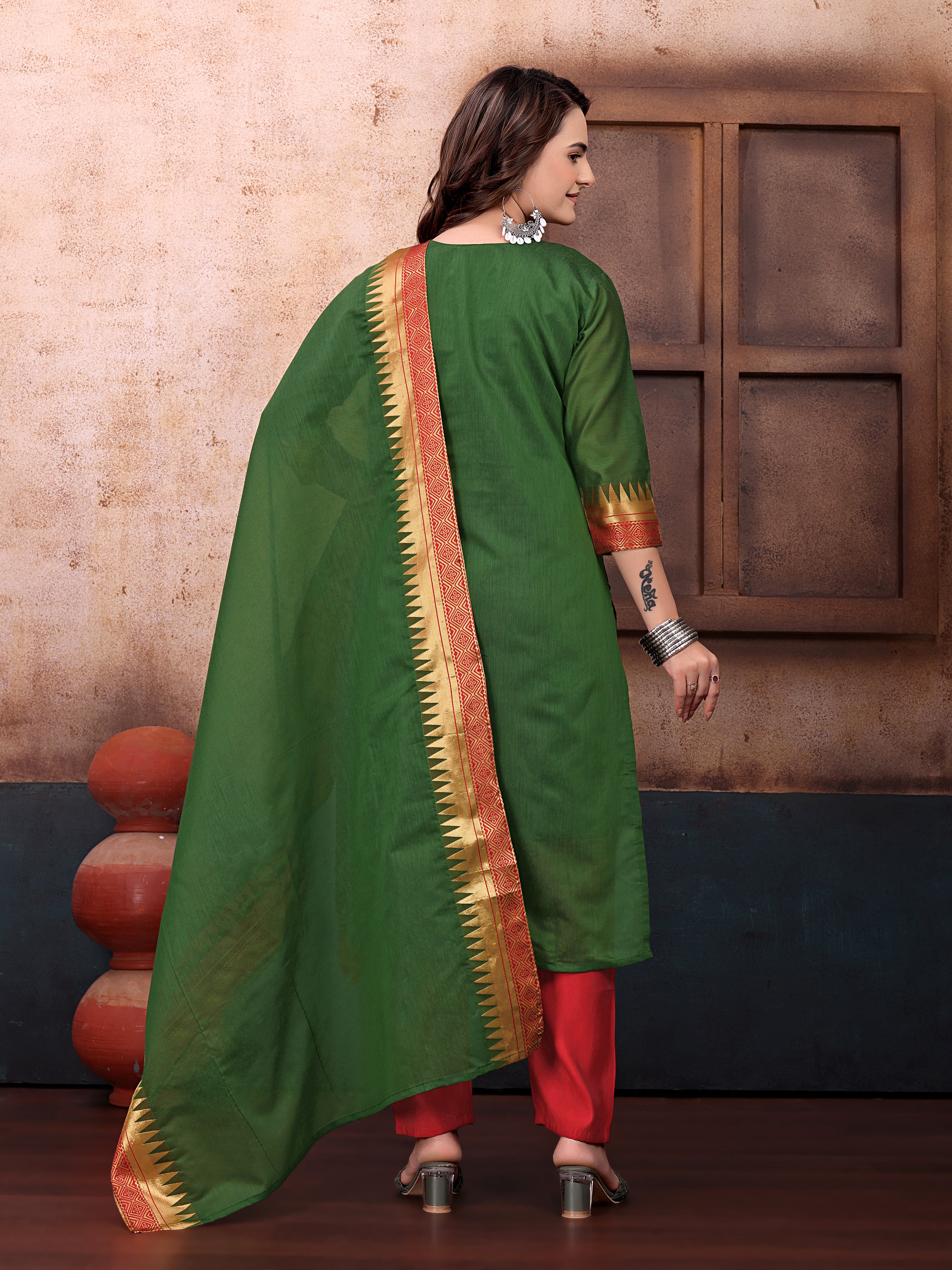 Elegant Green & Red Printed Kurta Set with Designer Dupatta