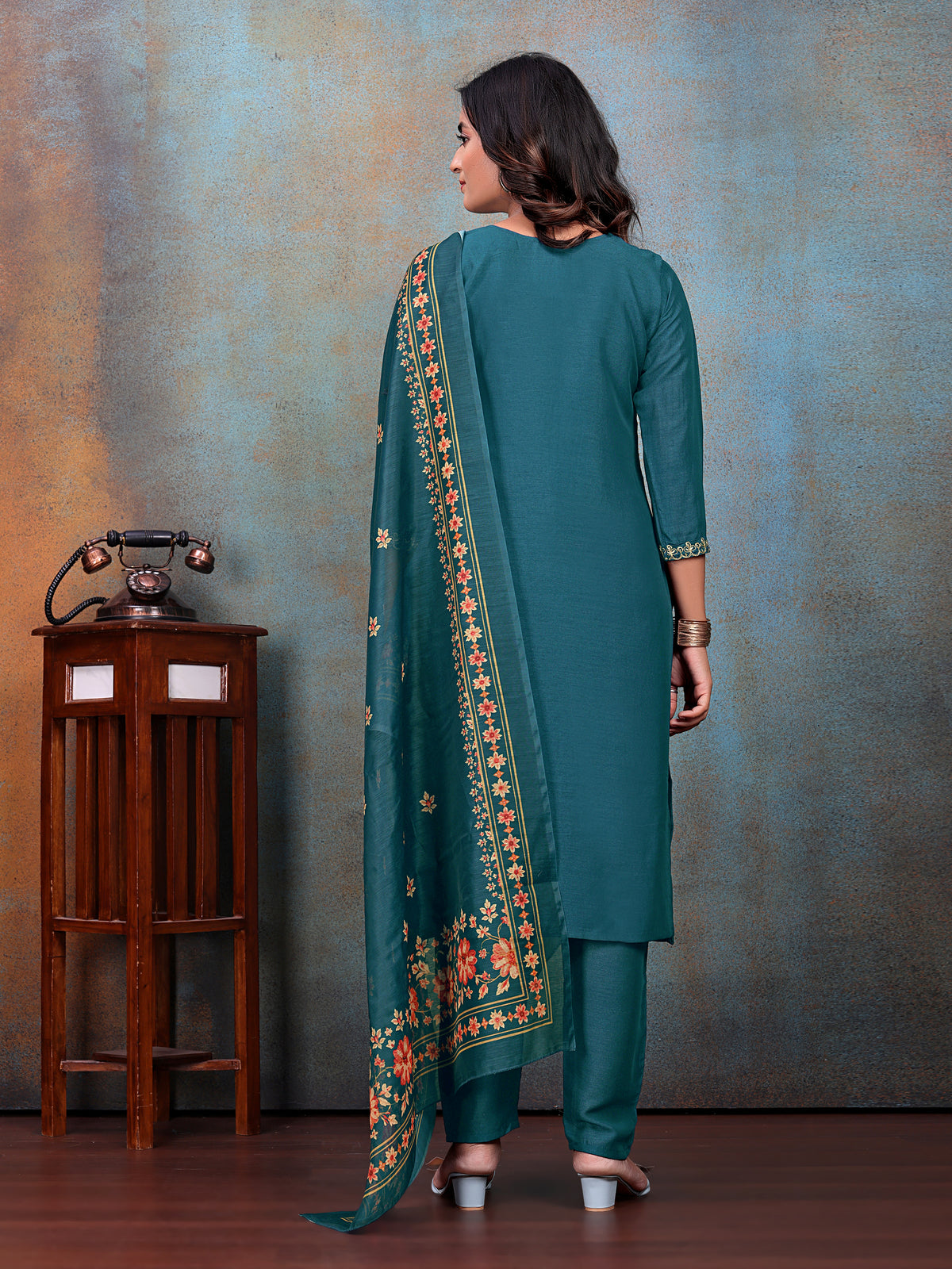 Tea-Blue Embroidered Kurti & Pant with Floral Printed Dupatta | For women