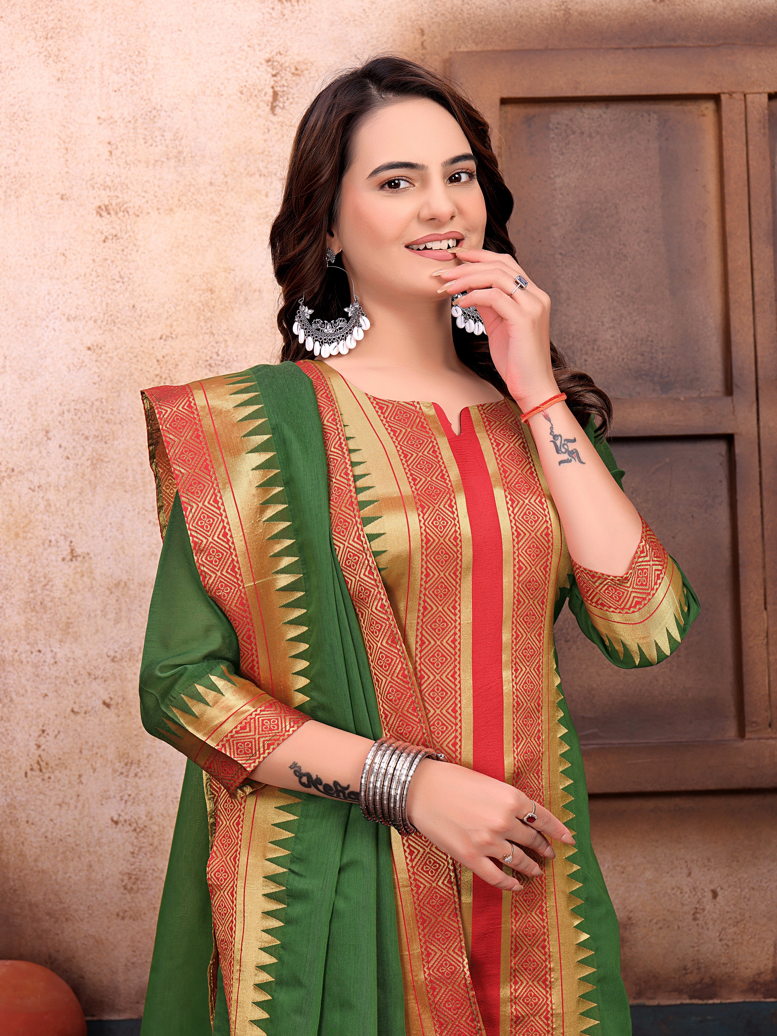 Elegant Green & Red Printed Kurta Set with Designer Dupatta