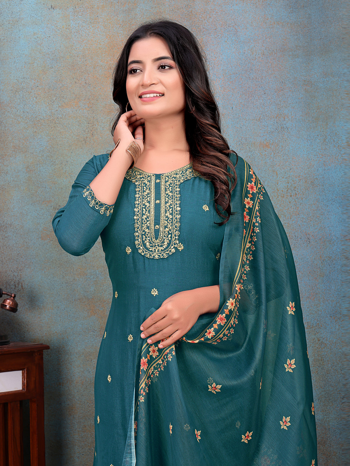 Tea-Blue Embroidered Kurti & Pant with Floral Printed Dupatta | For women