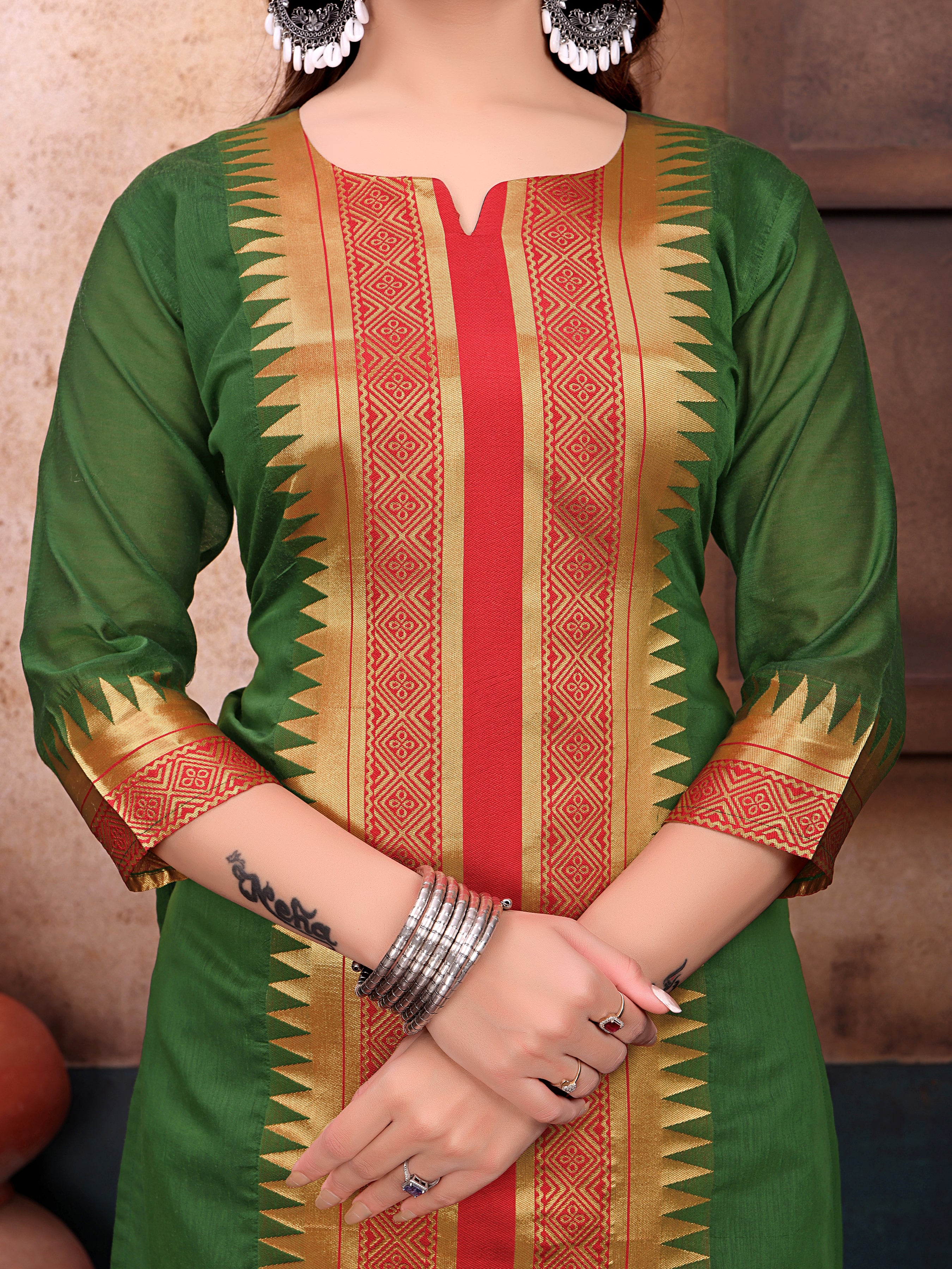Elegant Green & Red Printed Kurta Set with Designer Dupatta