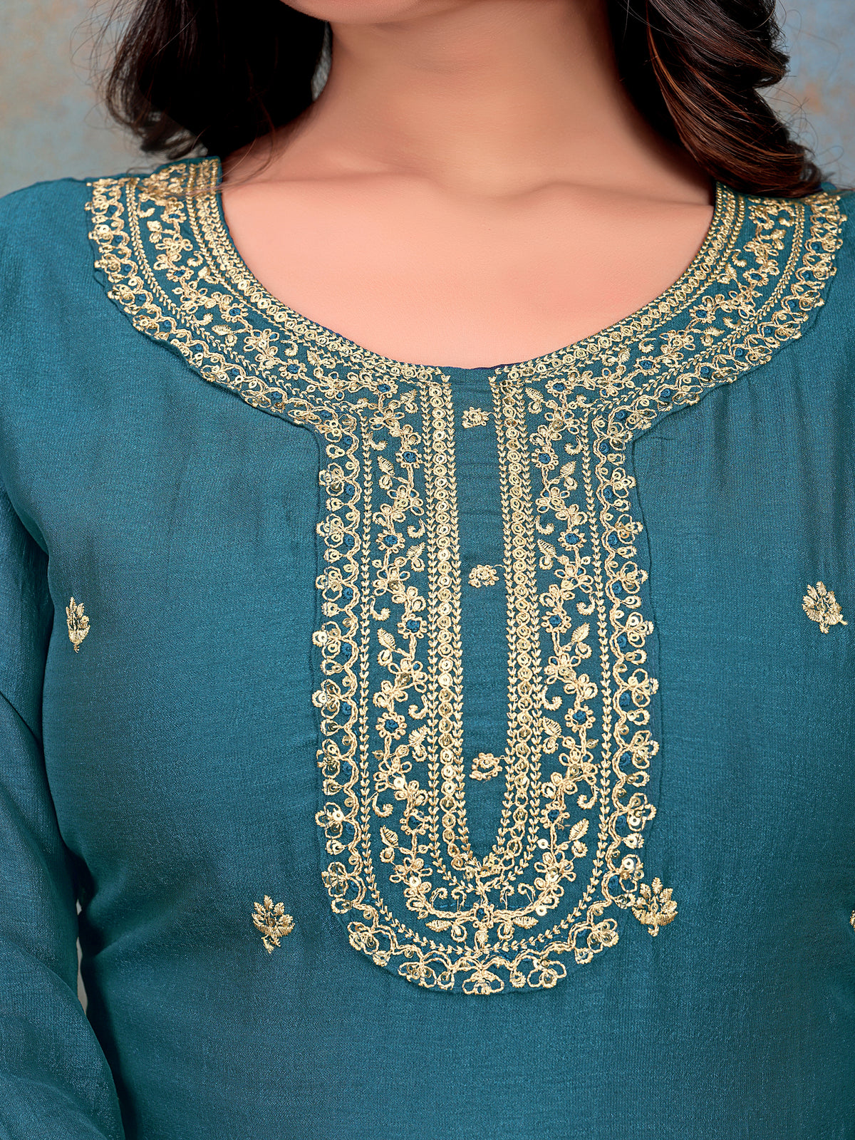 Tea-Blue Embroidered Kurti & Pant with Floral Printed Dupatta | For women