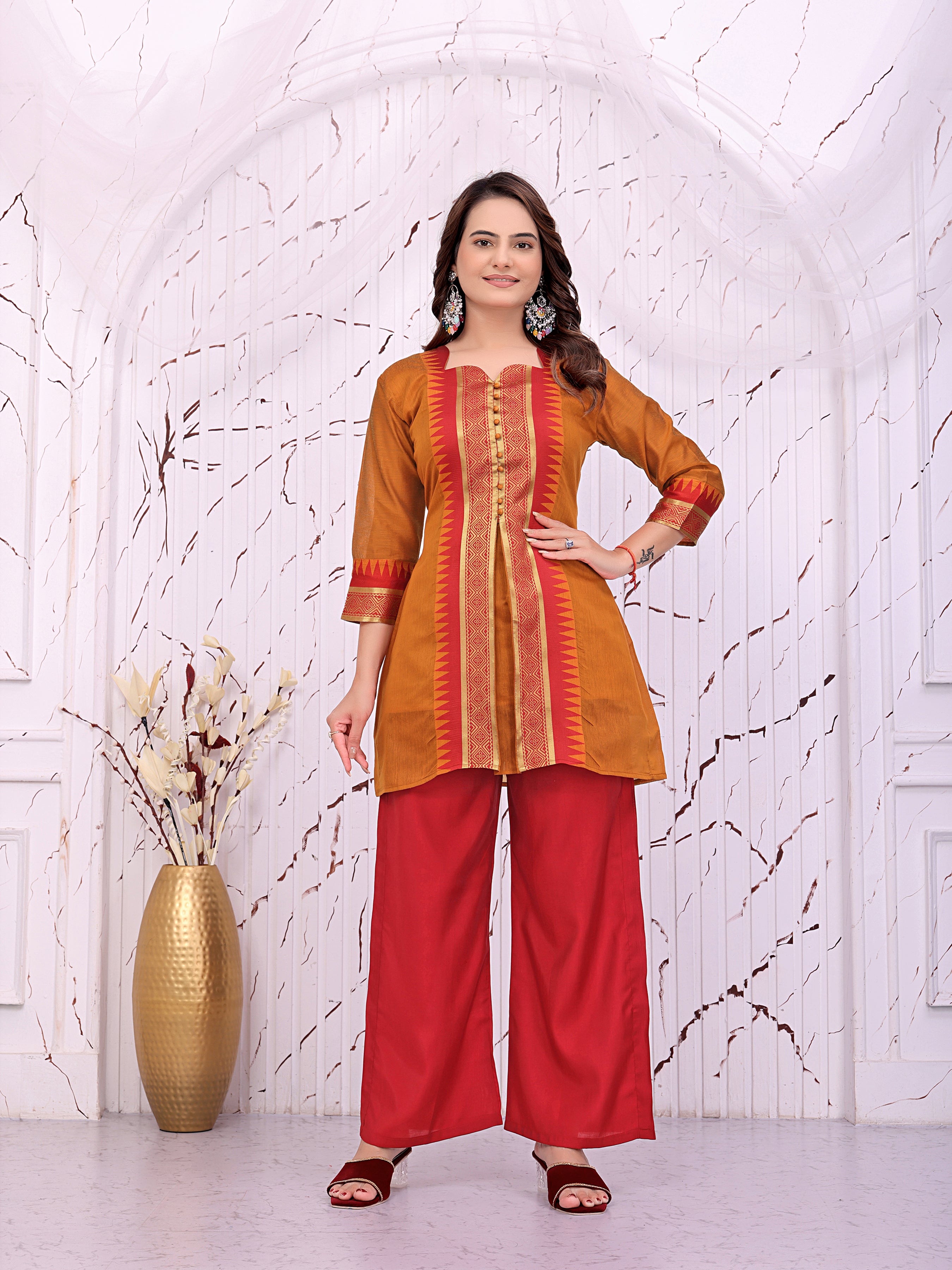 Women’s Mustard Yellow Printed Kurta with Red Palazzo Pants