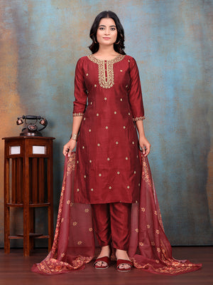 Maroon Embroidered Kurti & Pant with Floral Printed Dupatta | For women