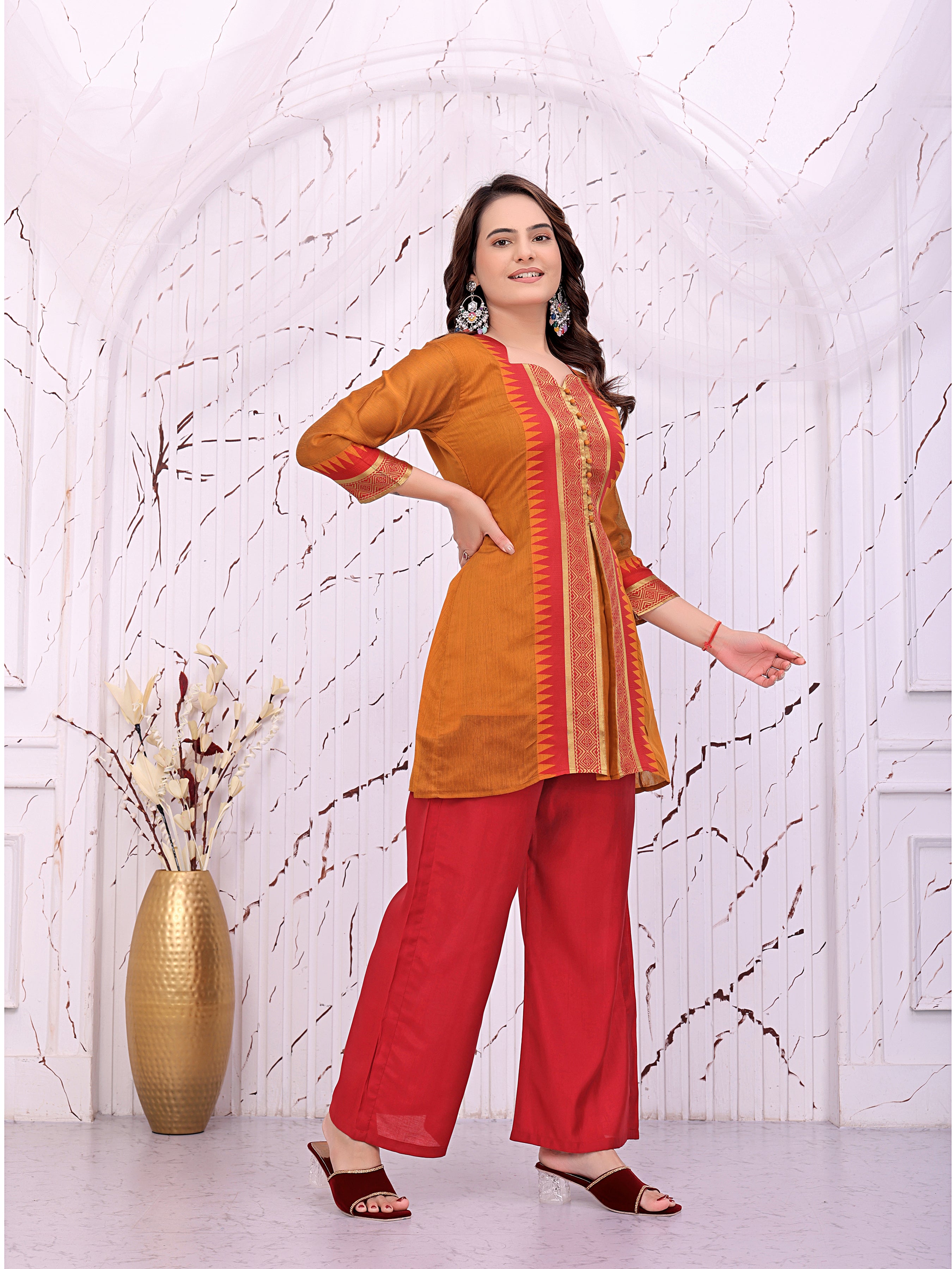 Women’s Mustard Yellow Printed Kurta with Red Palazzo Pants