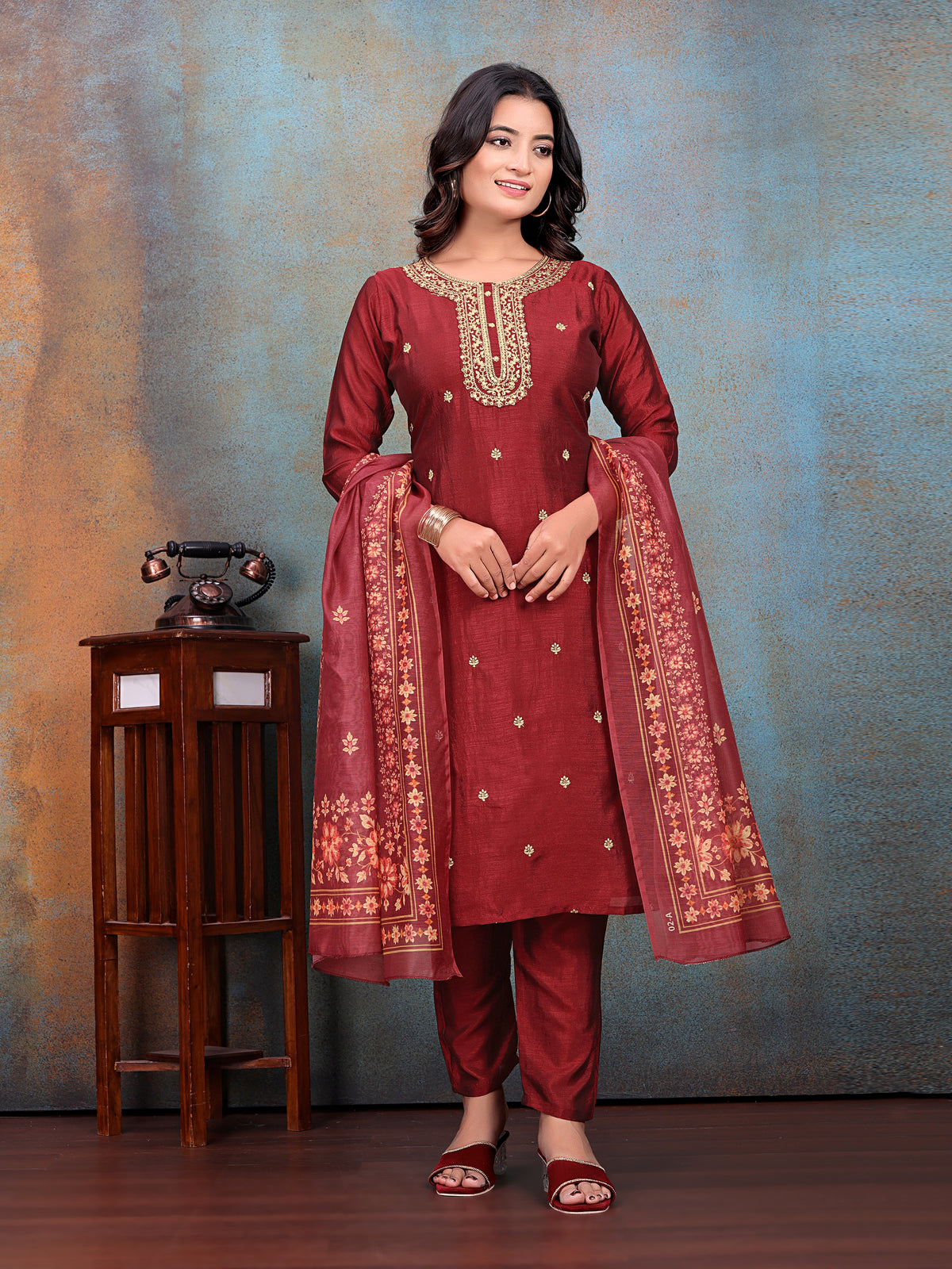 Maroon Embroidered Kurti & Pant with Floral Printed Dupatta | For women