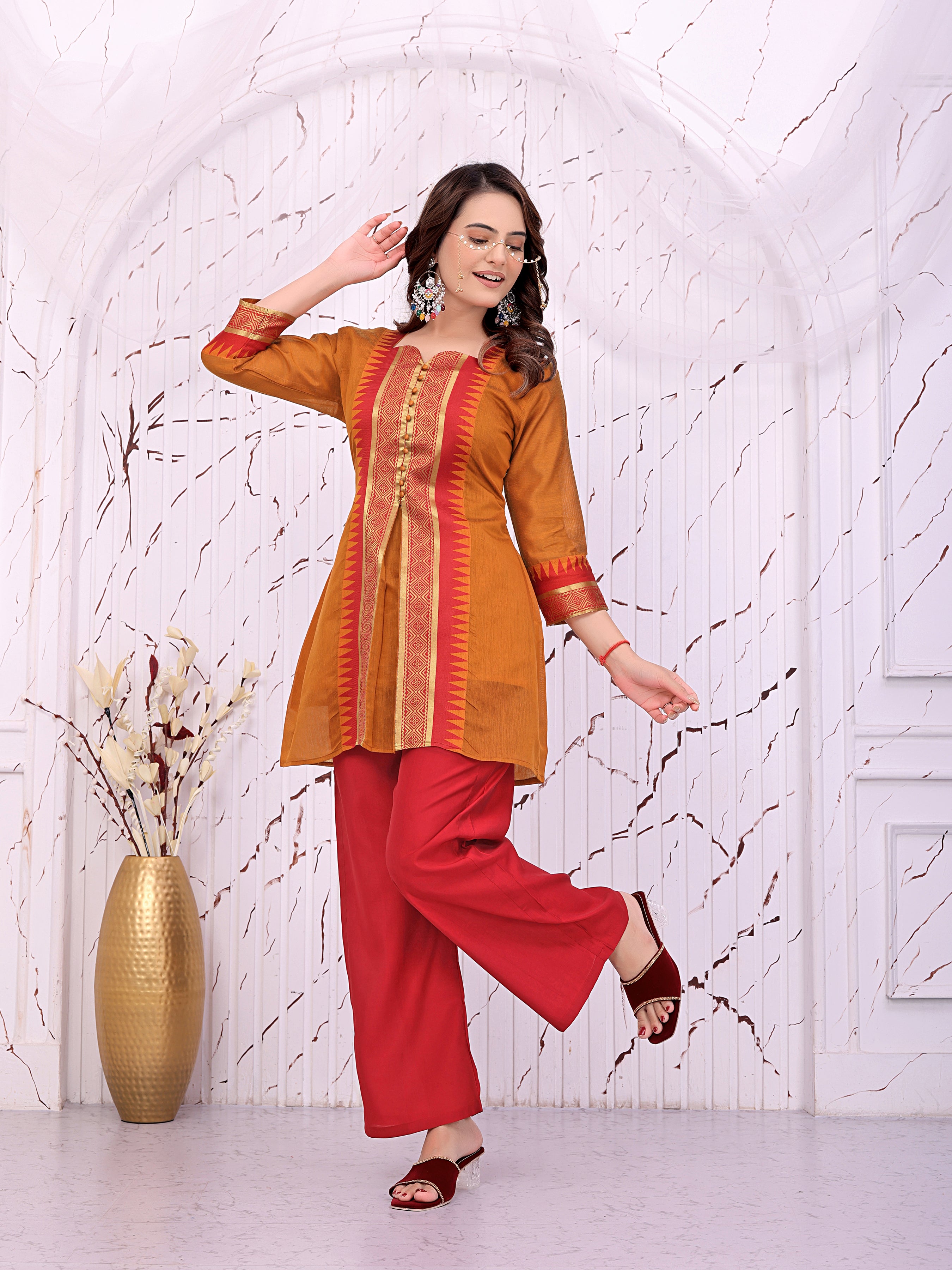Women’s Mustard Yellow Printed Kurta with Red Palazzo Pants