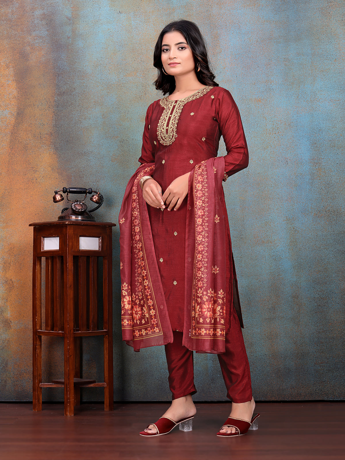 Maroon Embroidered Kurti & Pant with Floral Printed Dupatta | For women