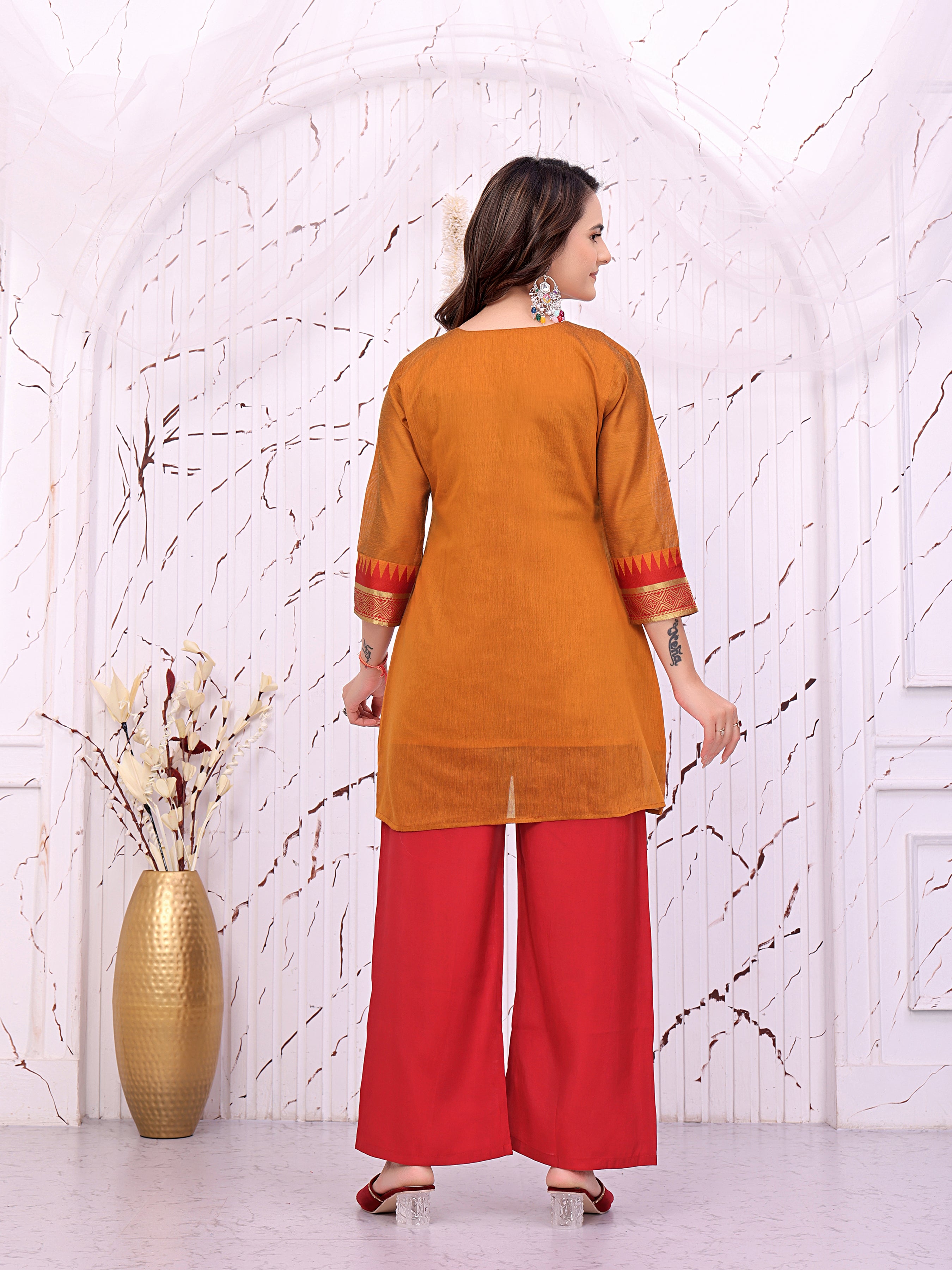 Women’s Mustard Yellow Printed Kurta with Red Palazzo Pants