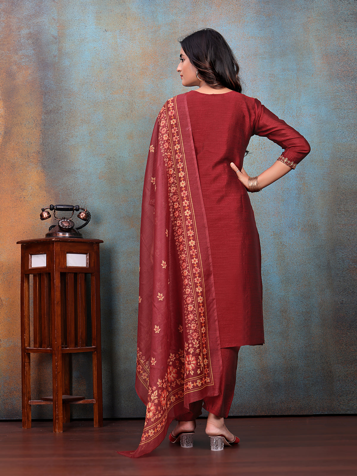 Maroon Embroidered Kurti & Pant with Floral Printed Dupatta | For women