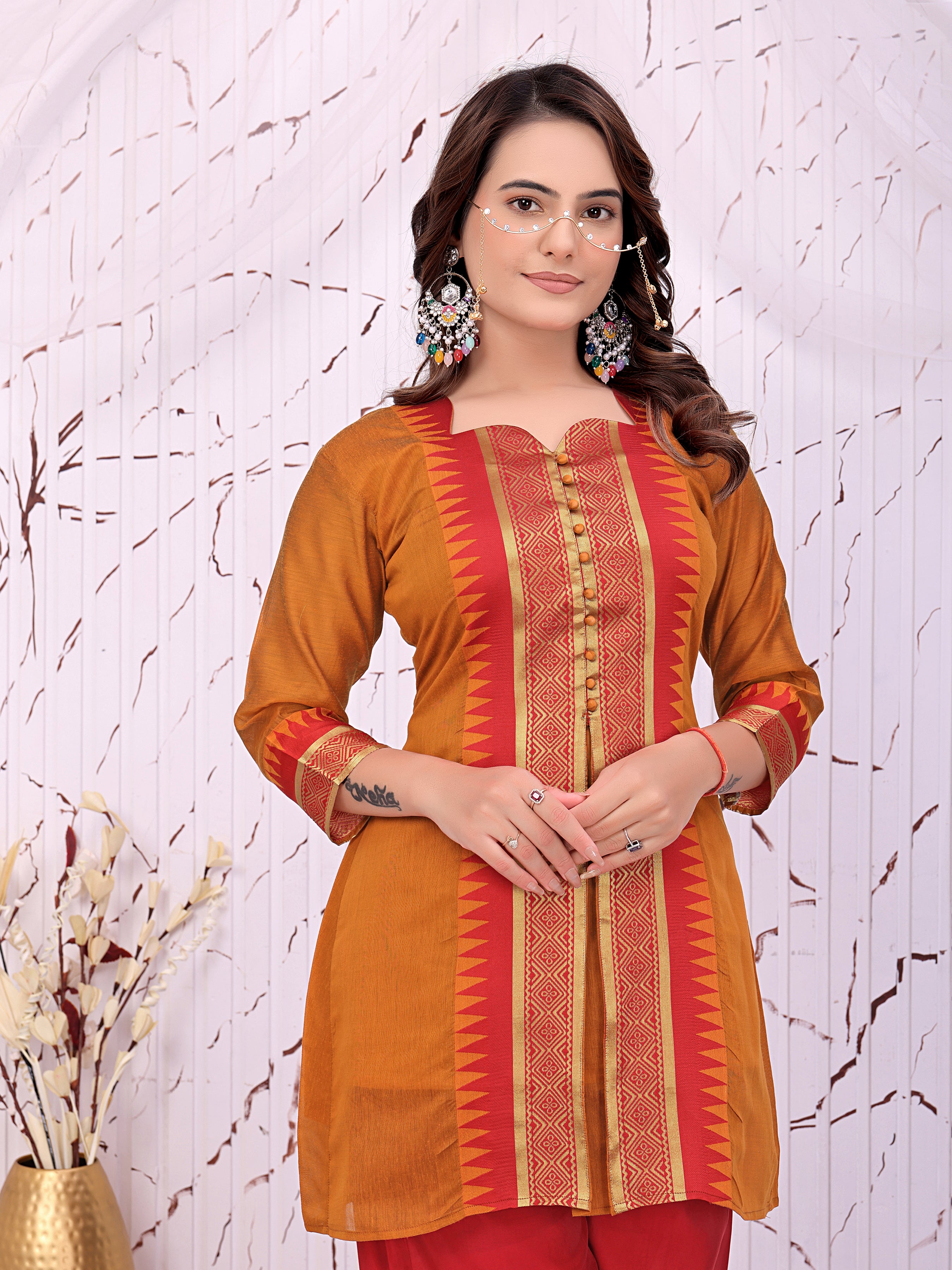 Women’s Mustard Yellow Printed Kurta with Red Palazzo Pants