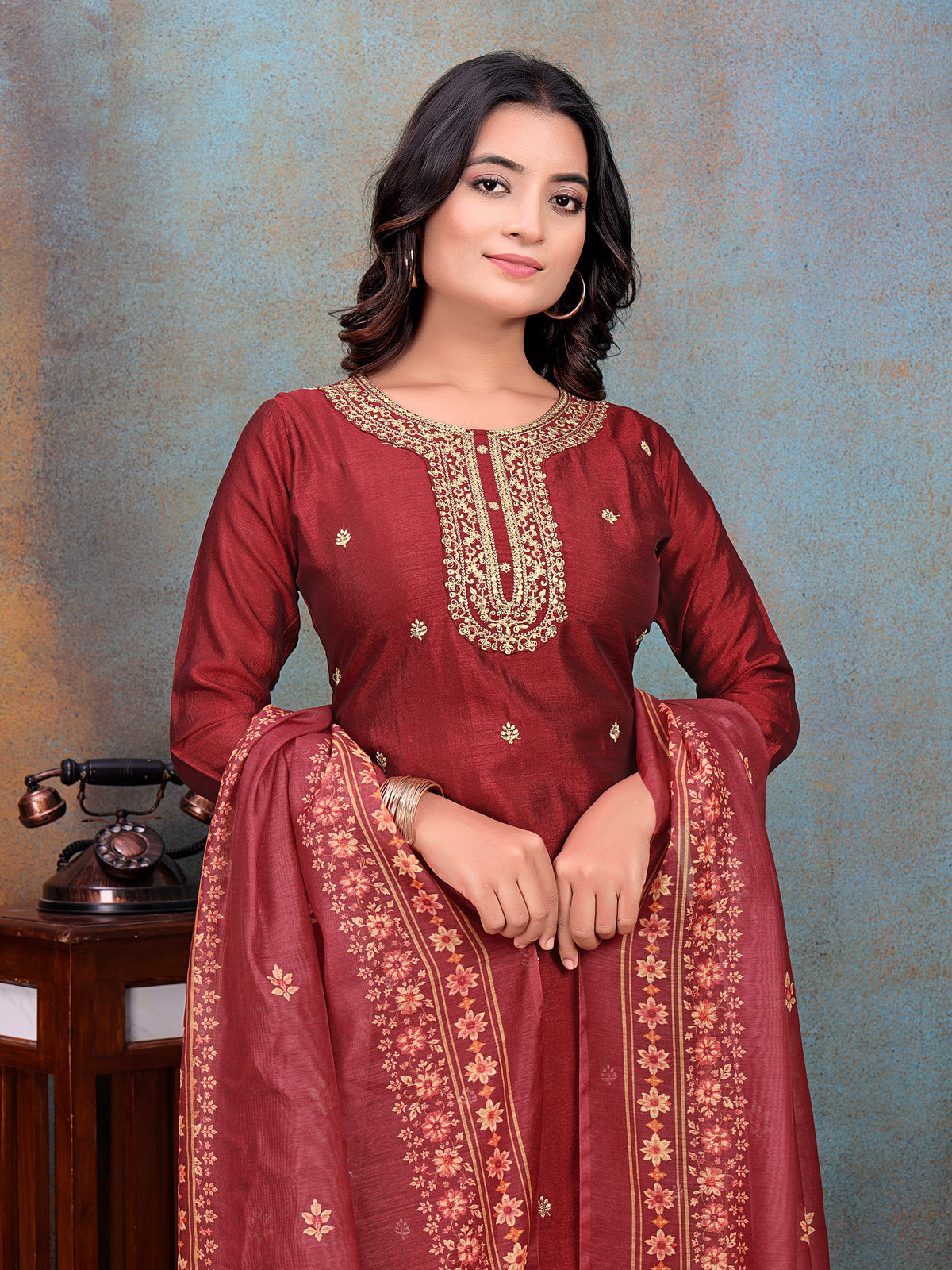 Maroon Embroidered Kurti & Pant with Floral Printed Dupatta | For women