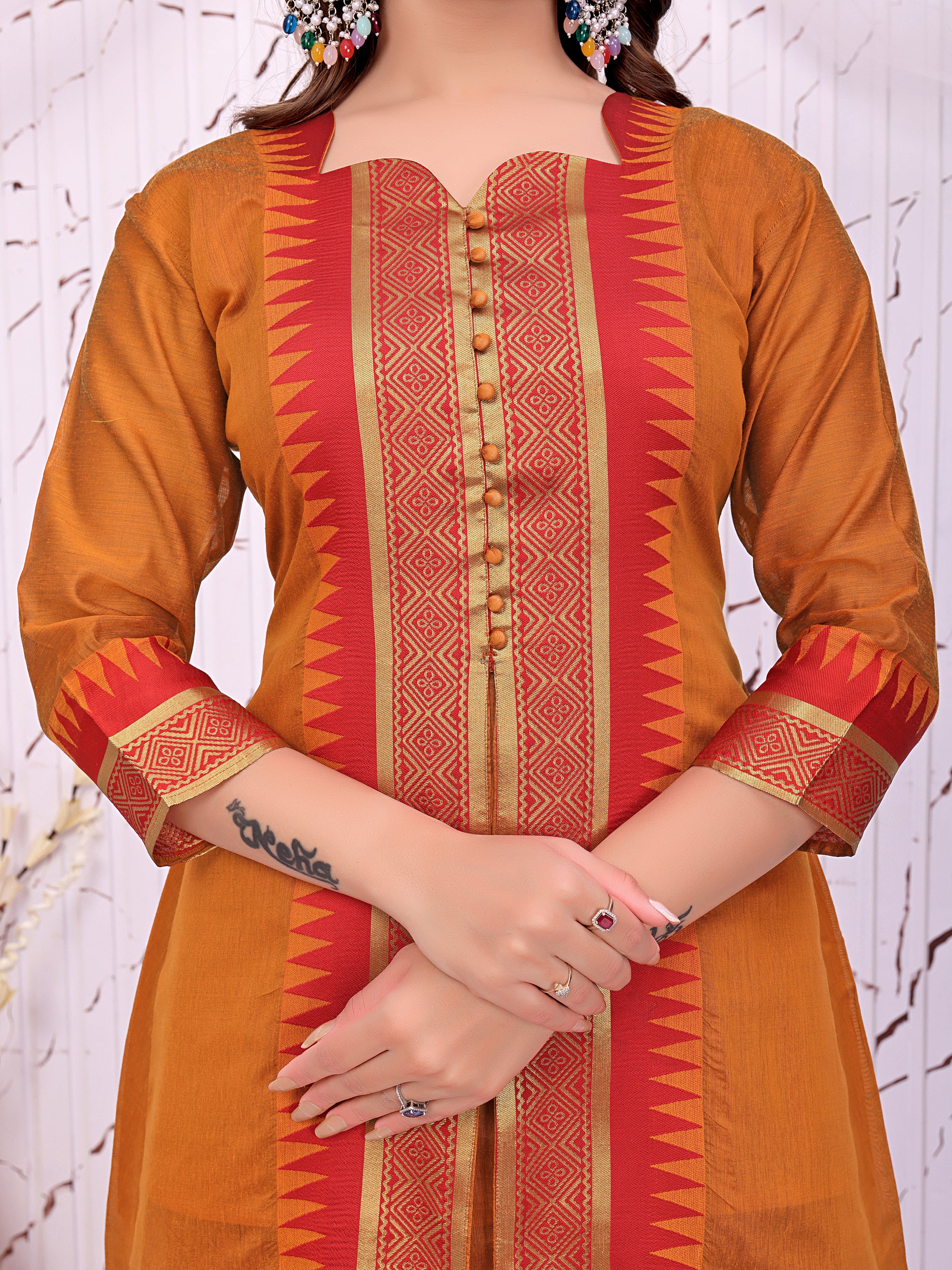 Women’s Mustard Yellow Printed Kurta with Red Palazzo Pants