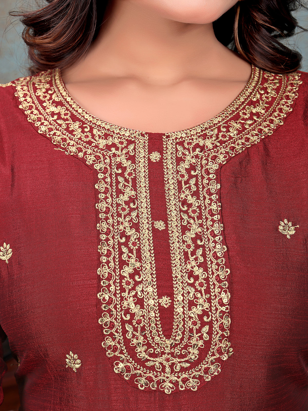 Maroon Embroidered Kurti & Pant with Floral Printed Dupatta | For women