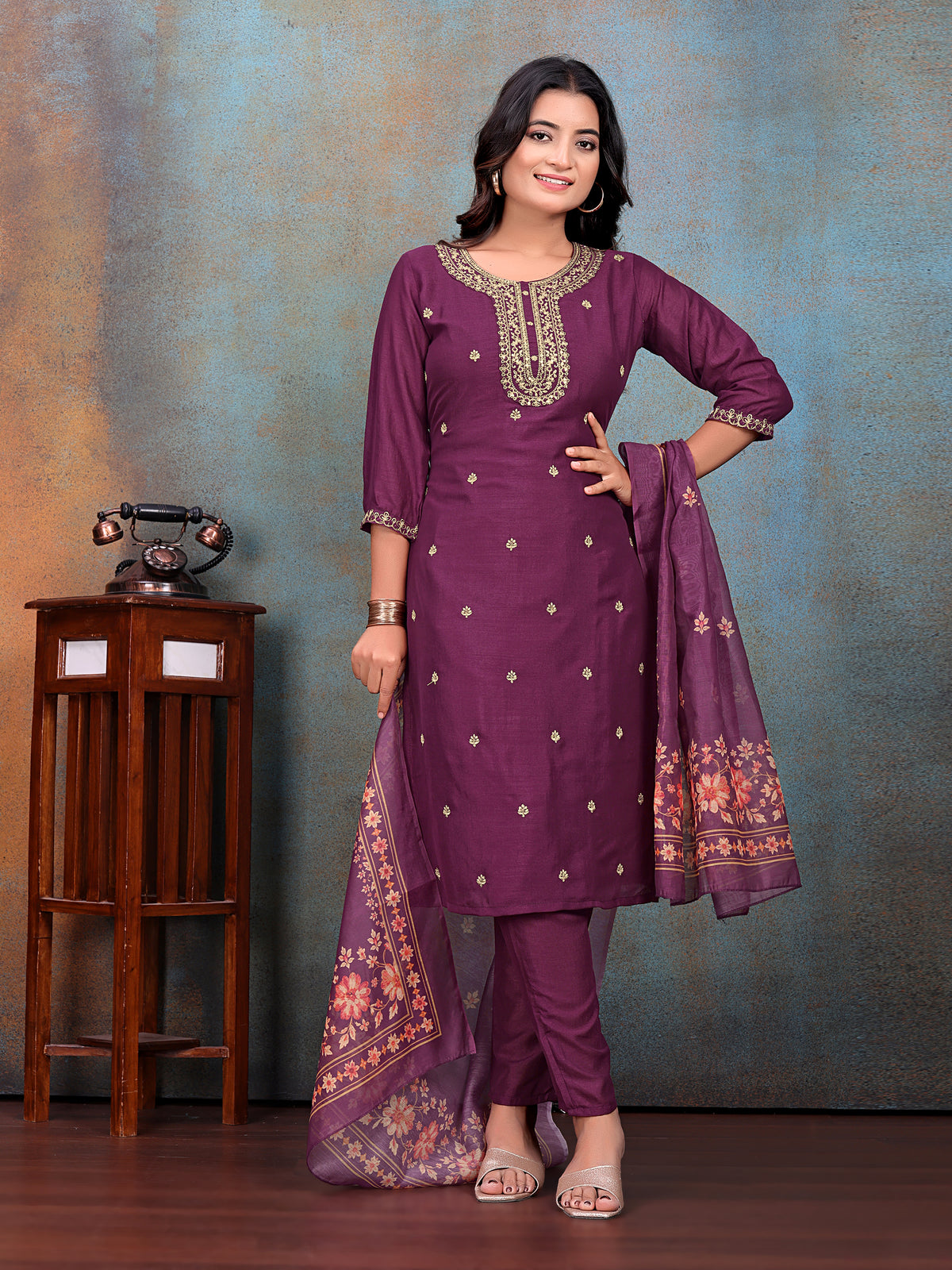 Wine Embroidered Kurti & Pant with Floral Printed Dupatta | For women