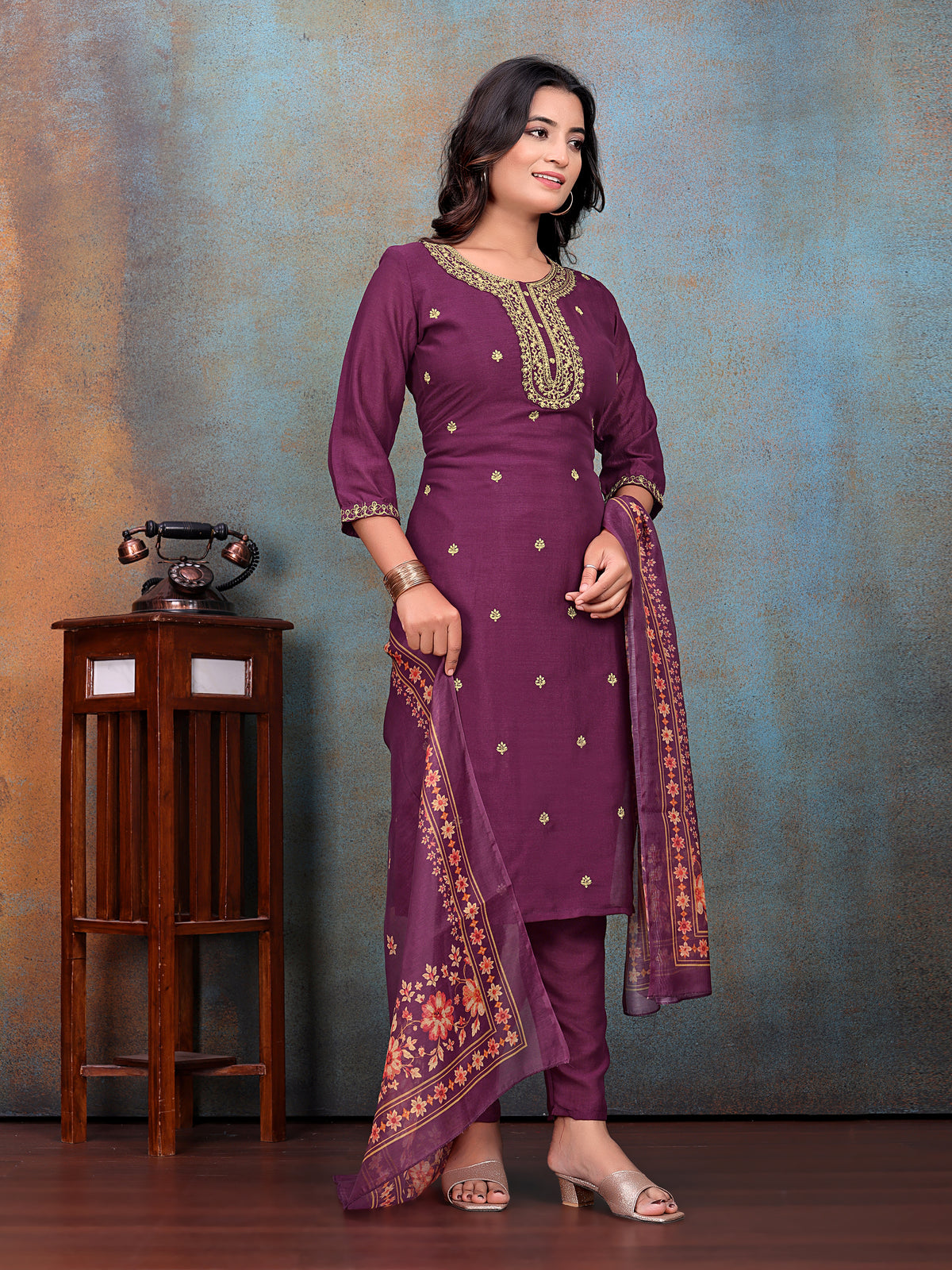 Wine Embroidered Kurti & Pant with Floral Printed Dupatta | For women