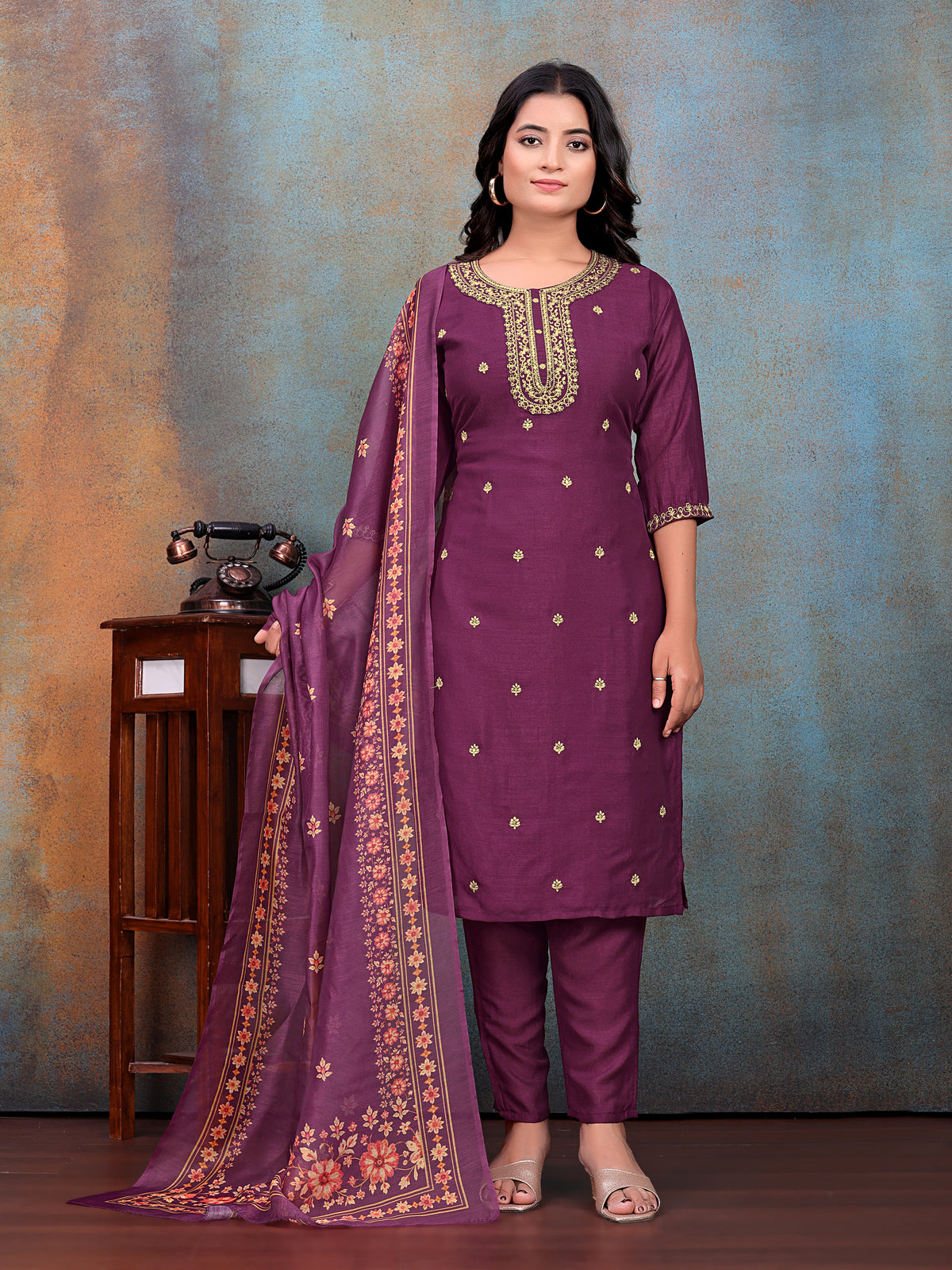 Wine Embroidered Kurti & Pant with Floral Printed Dupatta | For women